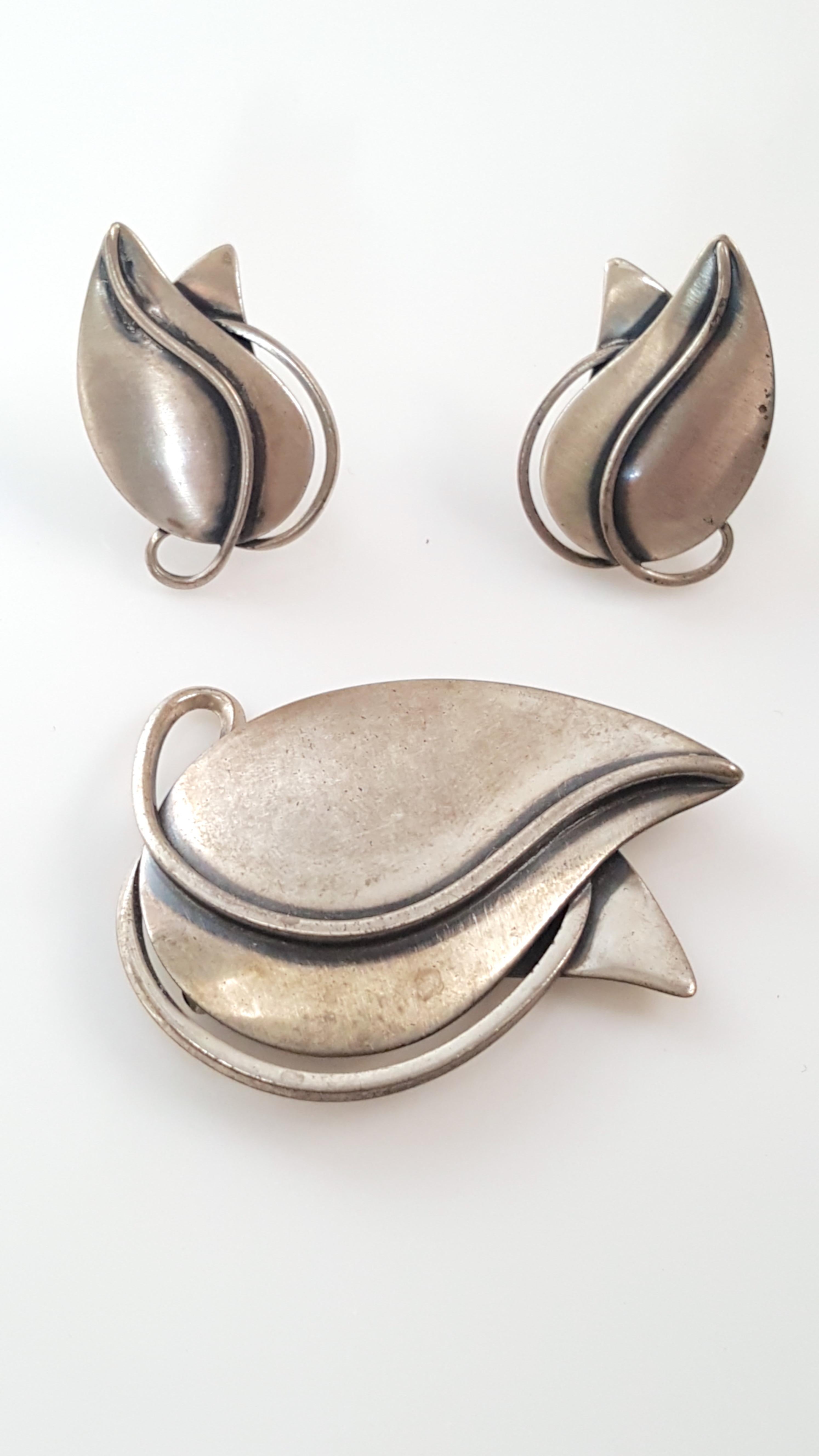 Artist 1950s Modern Sterling Set OpenworkLeaves RebajesProtege Earrings & Brooch For Sale 2
