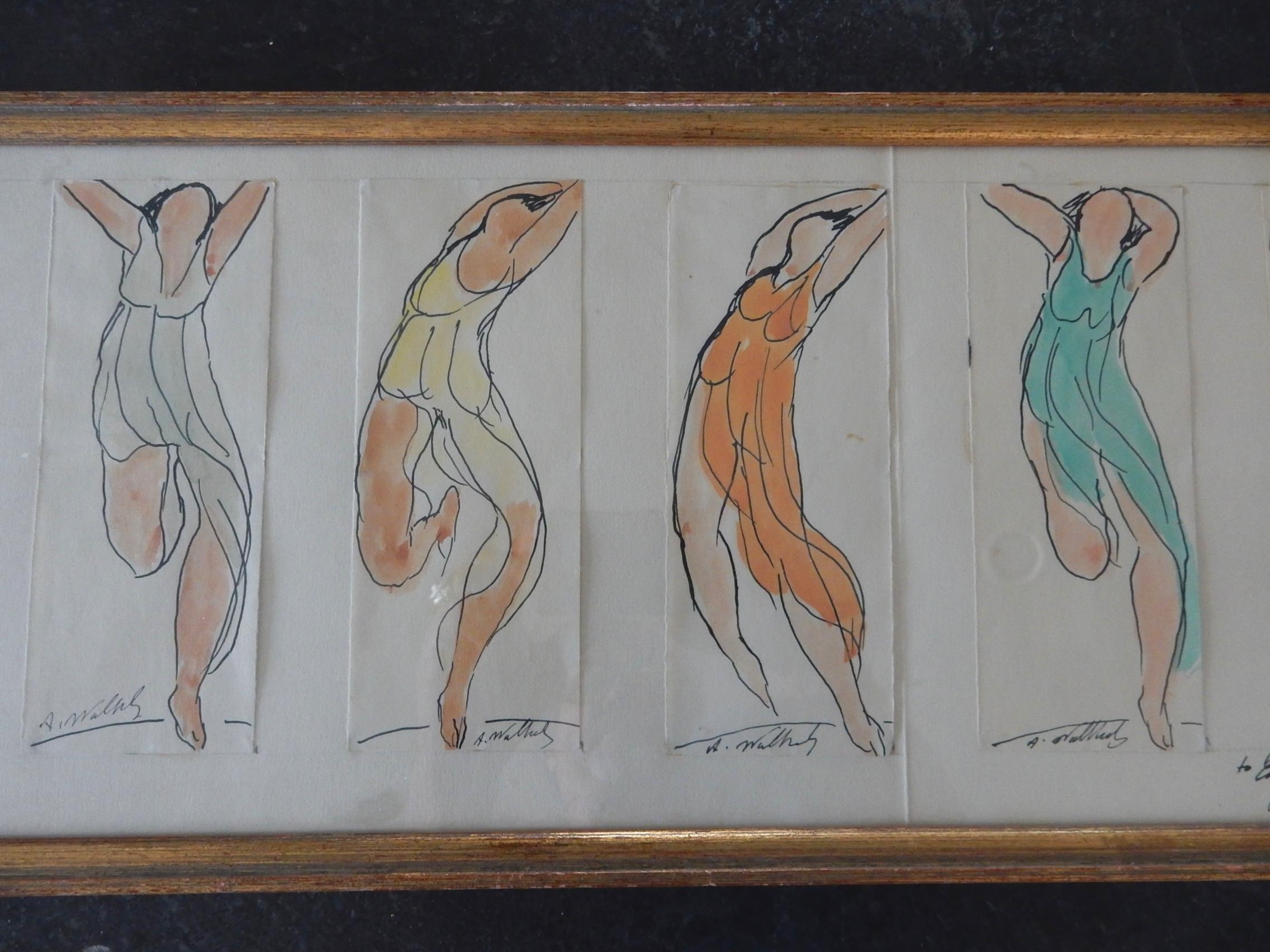 A rare set of six 7 inch x 3 inch watercolors by Abraham Walkowitz of Isadora Duncan framed in a sheet together,
circa early 1900, each signed at bottom and gifted to Edward G. Robinson for his personal art collection.
Framed size 23 x