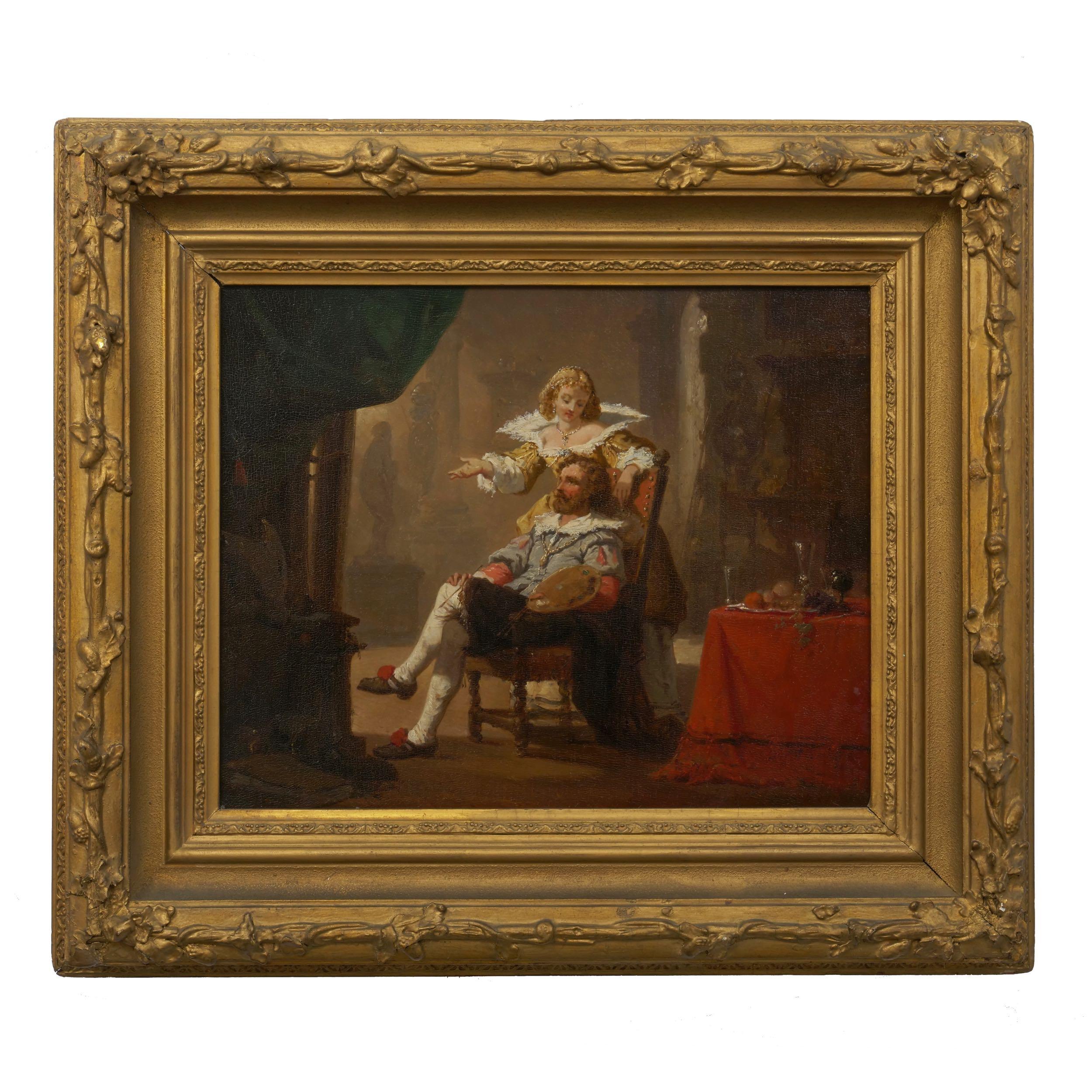 Belgian “Artist and His Muse” '1856' Antique Painting by Hendrik Frans Schaefels For Sale