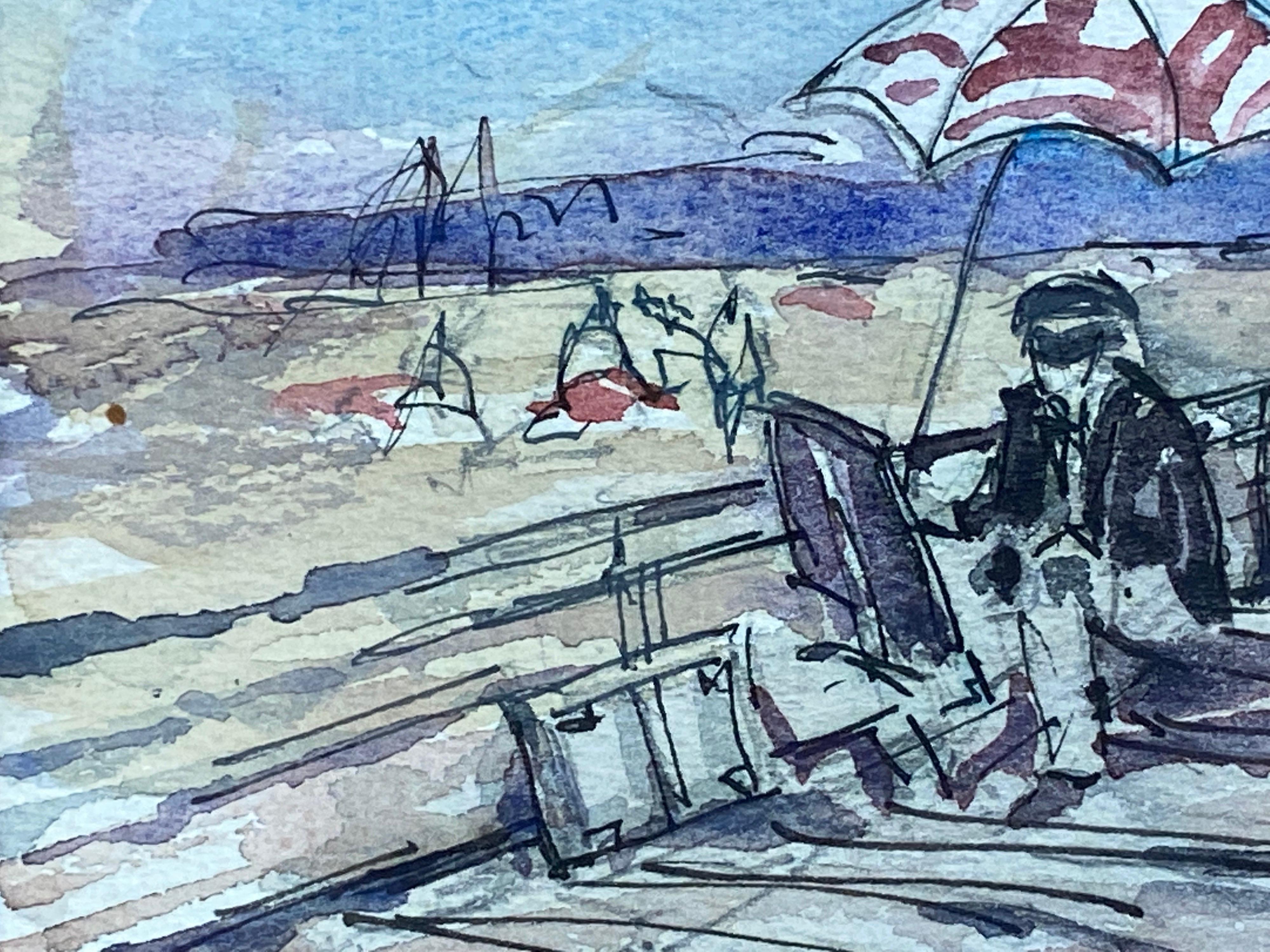 Artist at Easel Painting on the Beach, French Impressionist Watercolor In Excellent Condition For Sale In Cirencester, GB