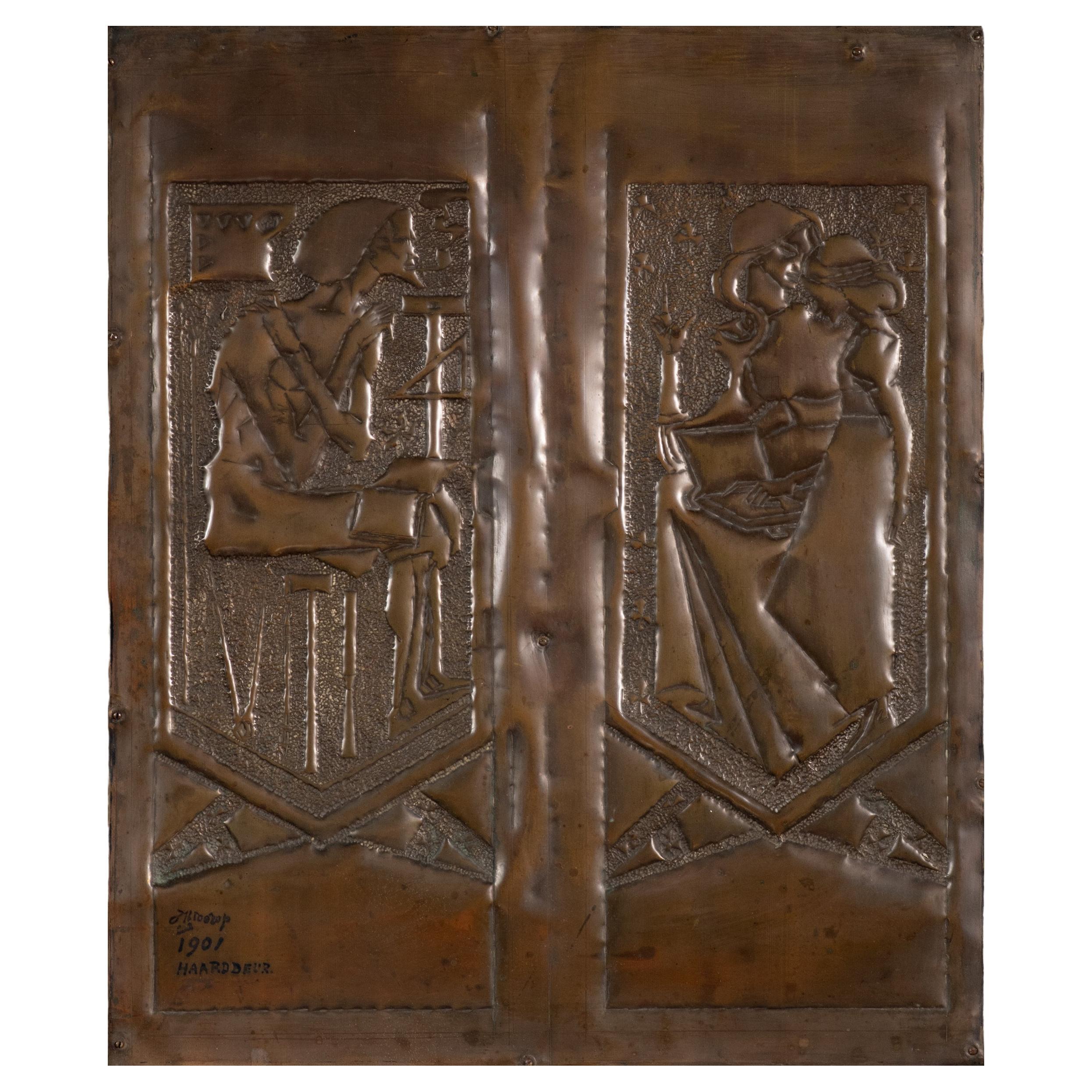"Artist at Rest, Mother Teaching Her Child" Repoussé Panel by Jan Toorop For Sale