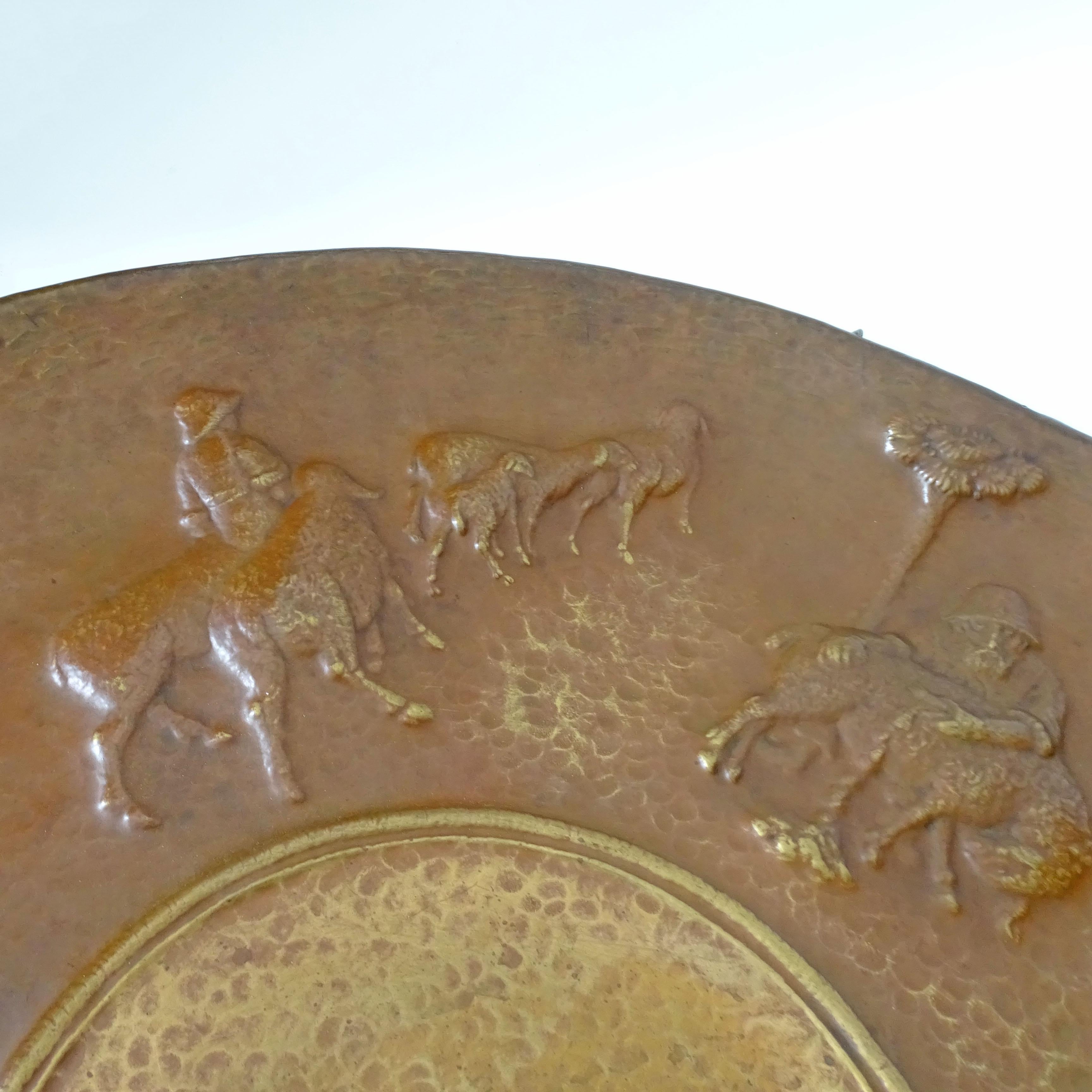 Art Deco Artist Attilio Nani, Large Embossed Copper Wall Plate with Shepherd theme For Sale