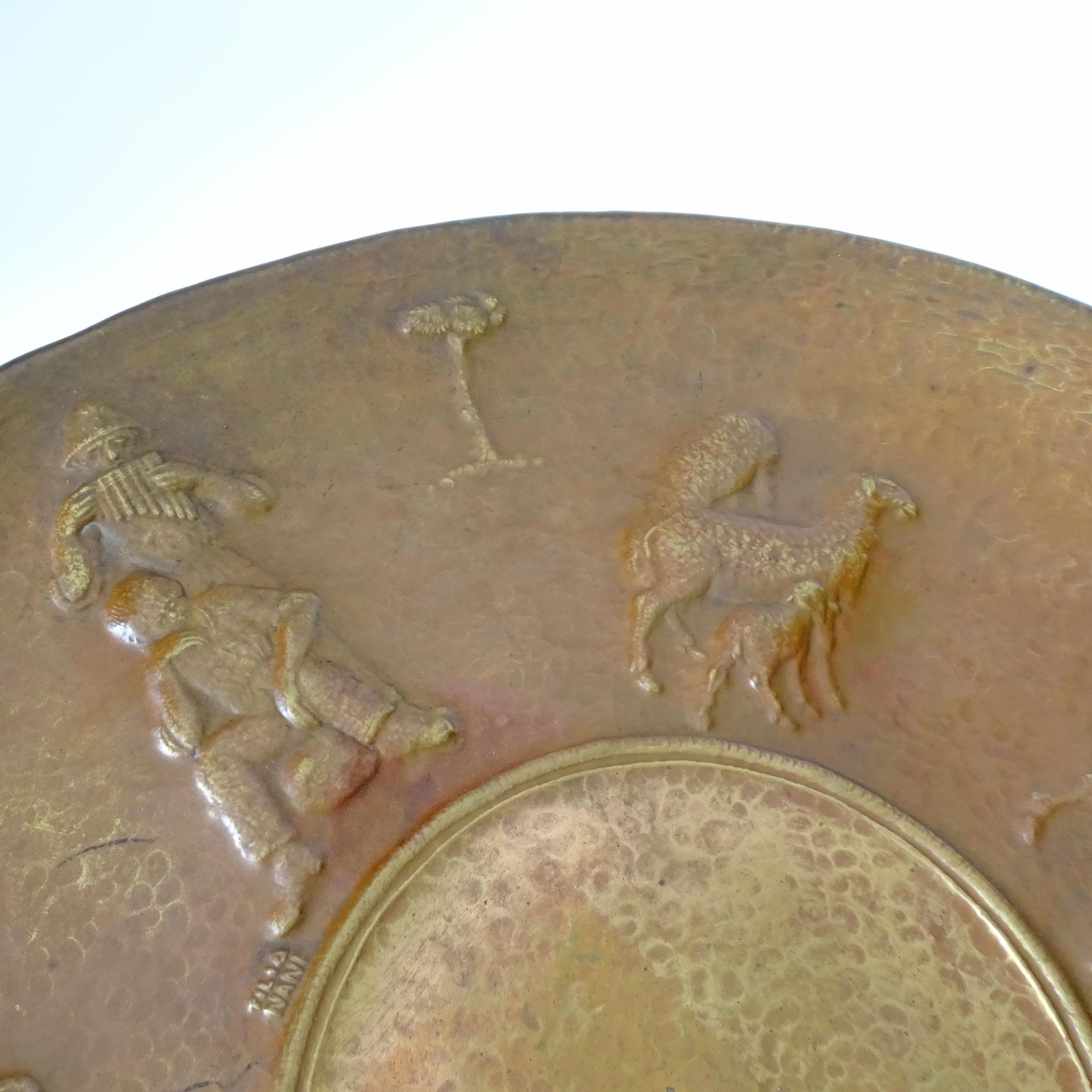 Italian Artist Attilio Nani, Large Embossed Copper Wall Plate with Shepherd theme For Sale