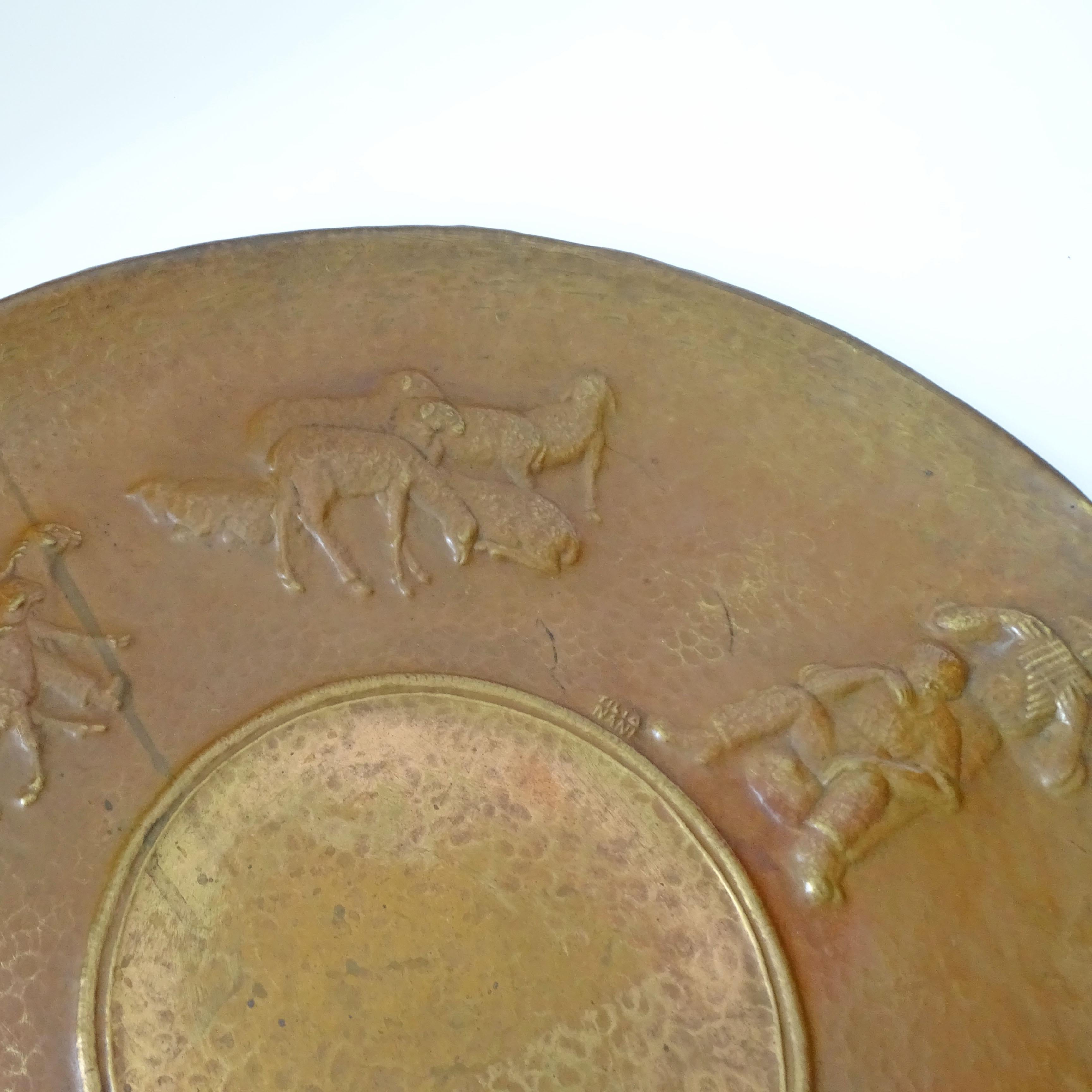 Artist Attilio Nani, Large Embossed Copper Wall Plate with Shepherd theme In Fair Condition For Sale In Milan, IT