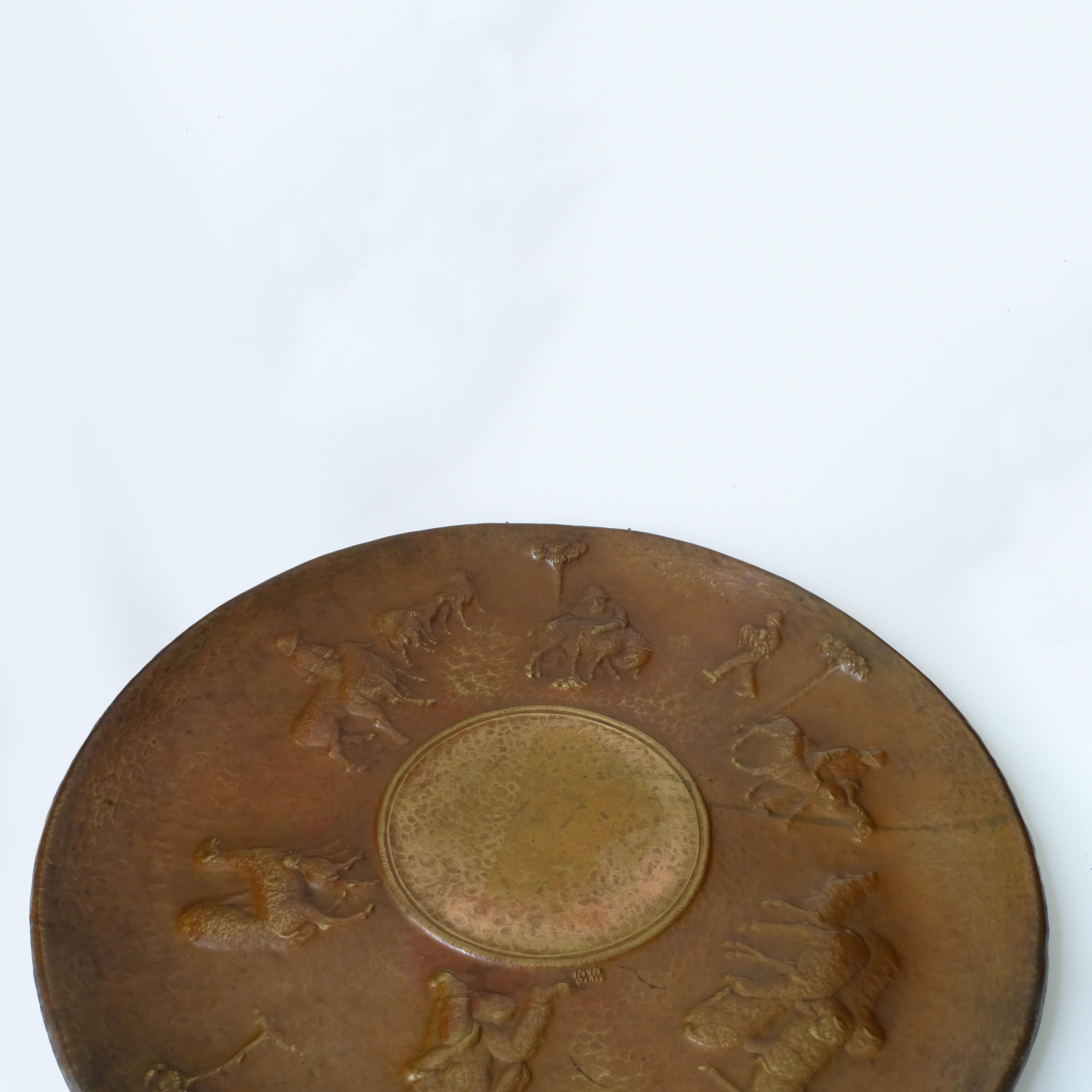 Brass Artist Attilio Nani, Large Embossed Copper Wall Plate with Shepherd theme For Sale