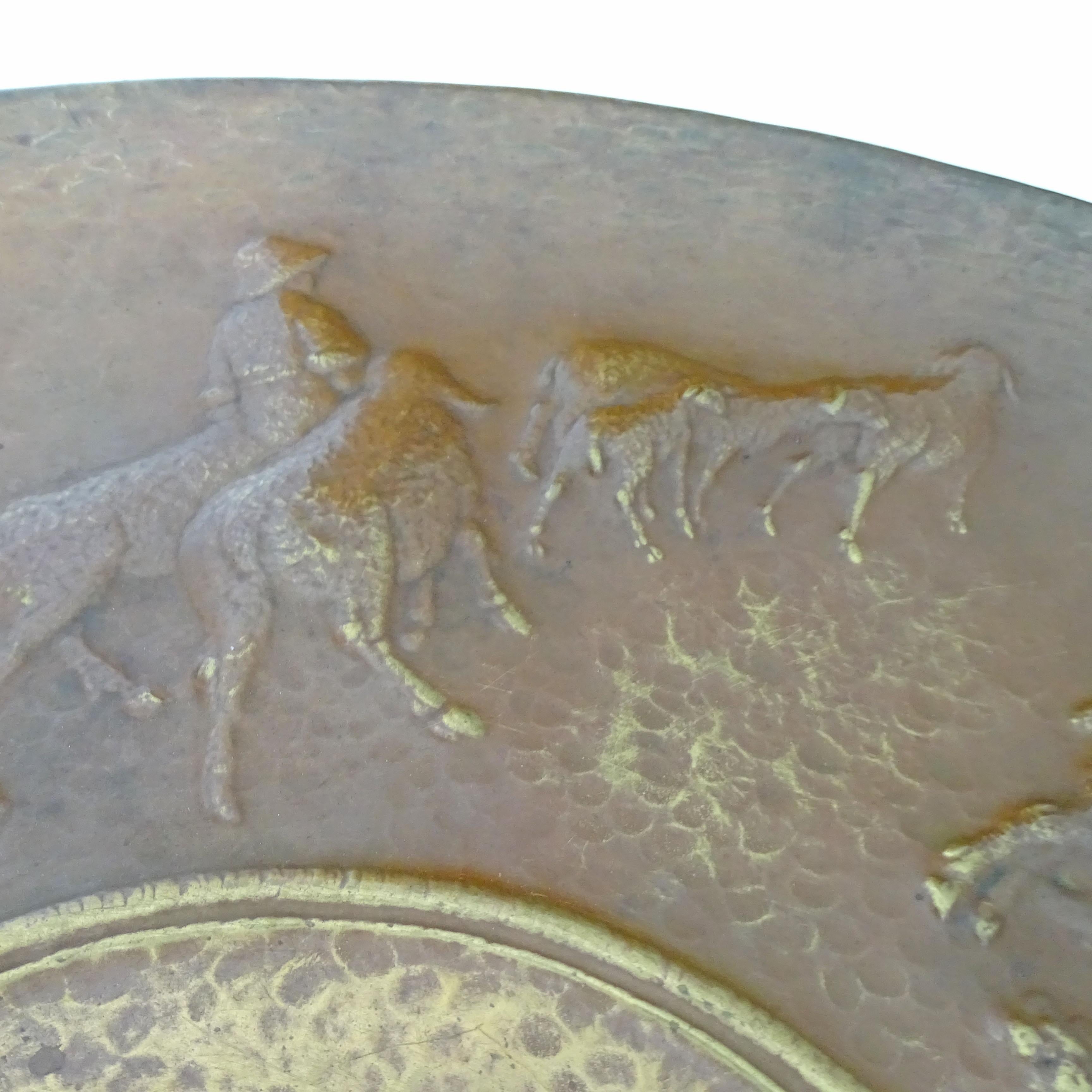 Artist Attilio Nani, Large Embossed Copper Wall Plate with Shepherd theme For Sale 1