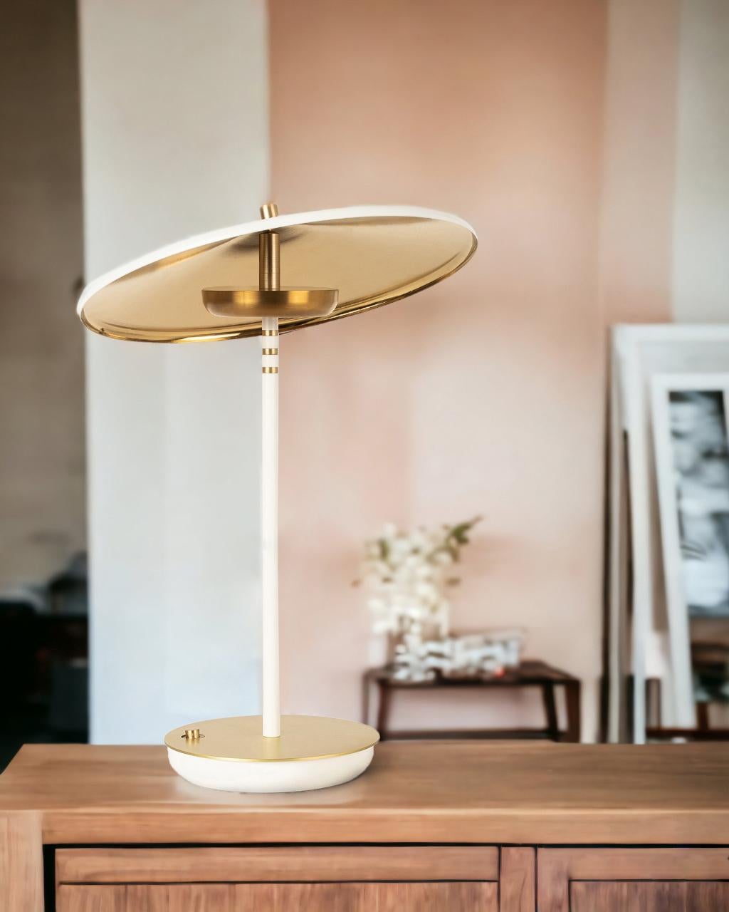 Minimalist Artist Brass Tilting Table Lamp, White & Gold, Parisian Beret Desk Lamp