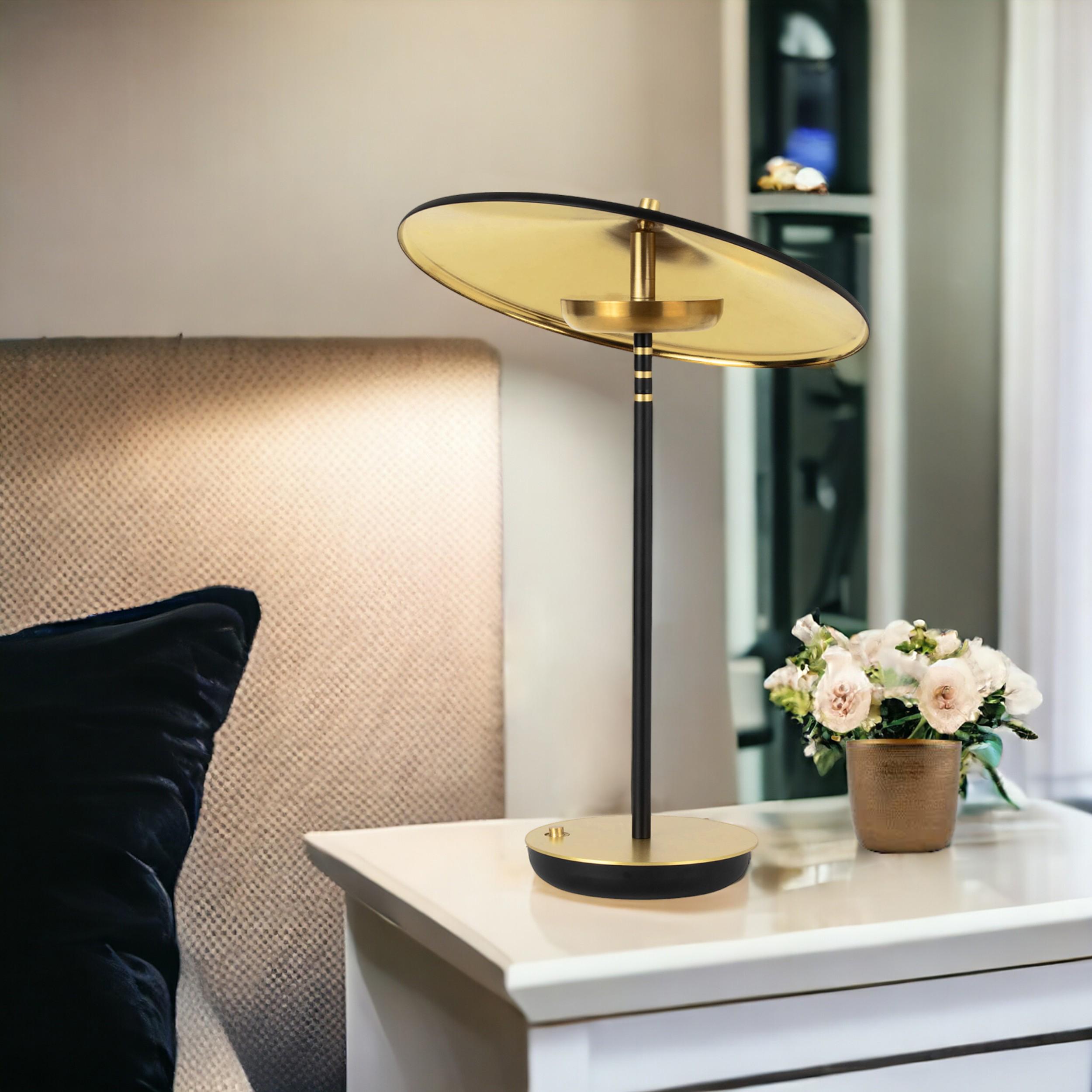 Minimalist Brass Table Lamp with Tilting Shader, Black & Gold, Parisian Beret Desk Lamp For Sale