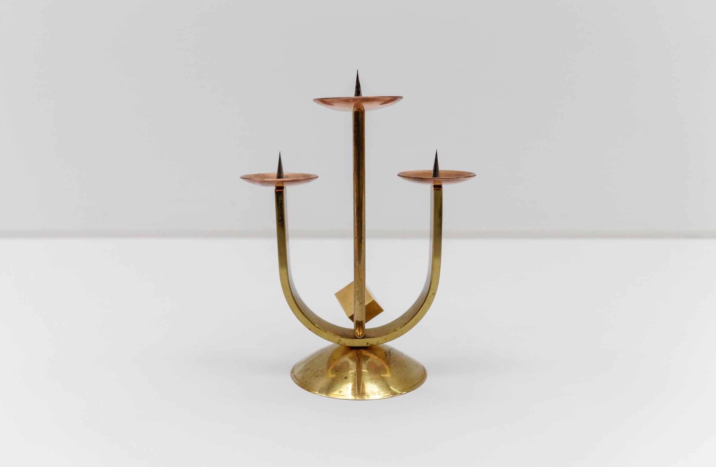 Austrian Artist Brutalist Candleholder Made in Brass and Copper, 1960s Austria For Sale