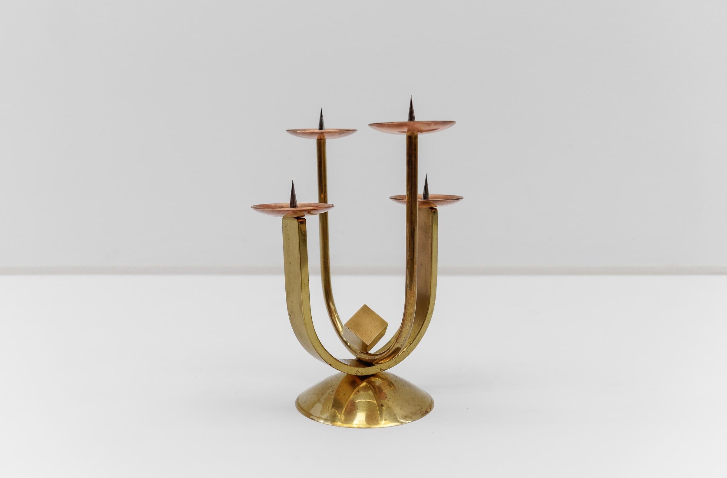 Hand-Crafted Artist Brutalist Candleholder Made in Brass and Copper, 1960s Austria For Sale