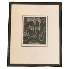 Artistics Dan May Black & White Drawing S/N Silkscreen "Man on Beach" 1986, Framed