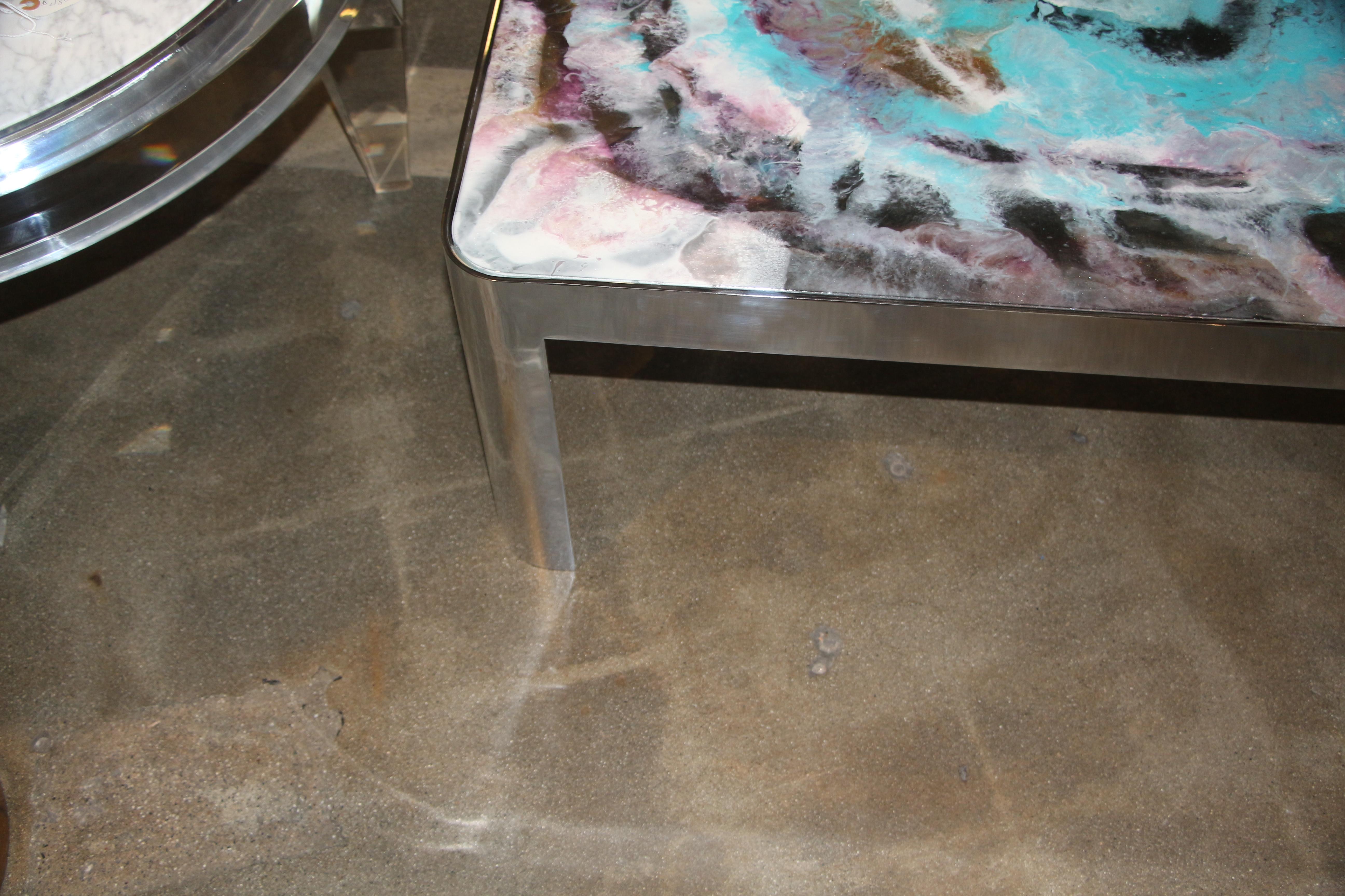 Artist Decorated Glass Top Vintage Chromed Steel Base Table In Good Condition In Palm Springs, CA
