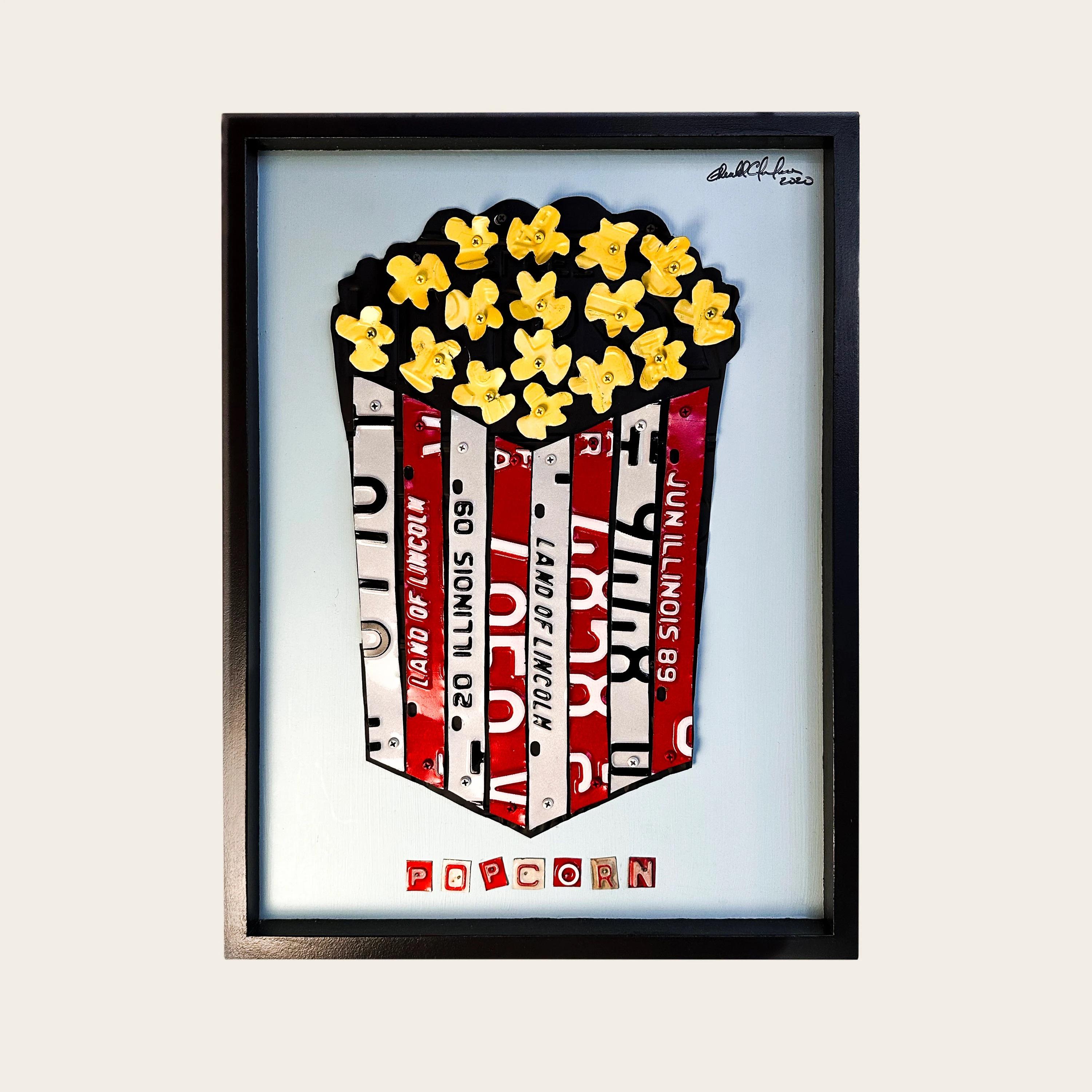 Künstler Derek Christensen Original Nummernschild Popcorn Pop Art, Wandkunst signiert (21. Jahrhundert und zeitgenössisch) im Angebot