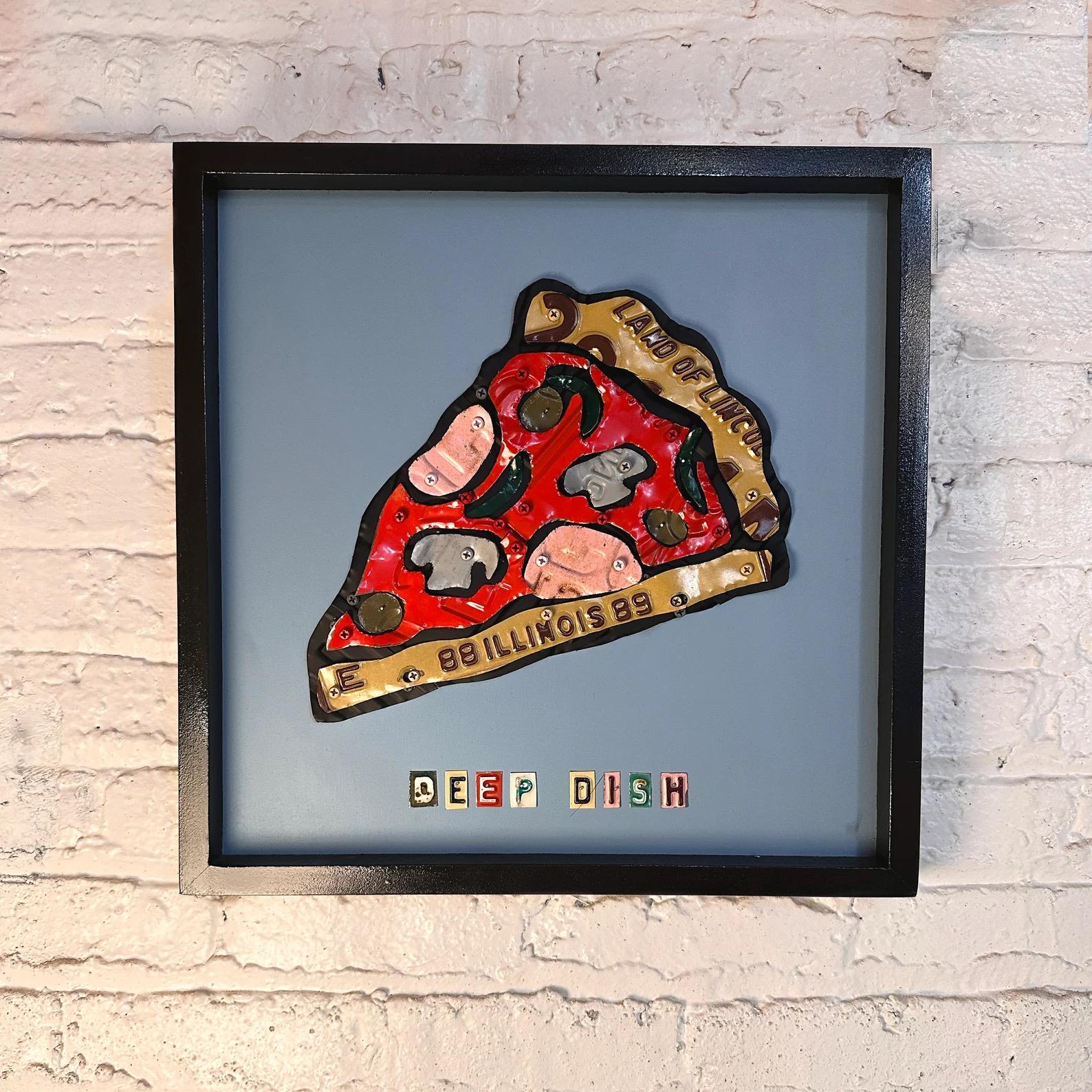 Artist Derek Christensen Original License Plate Pizza Pop Art, Pop Art Signed

Derek Christensen, an award winning artist from Chicago, is known for his hand-made metal work and found objects to create these Americana pieces of pop art. This piece,