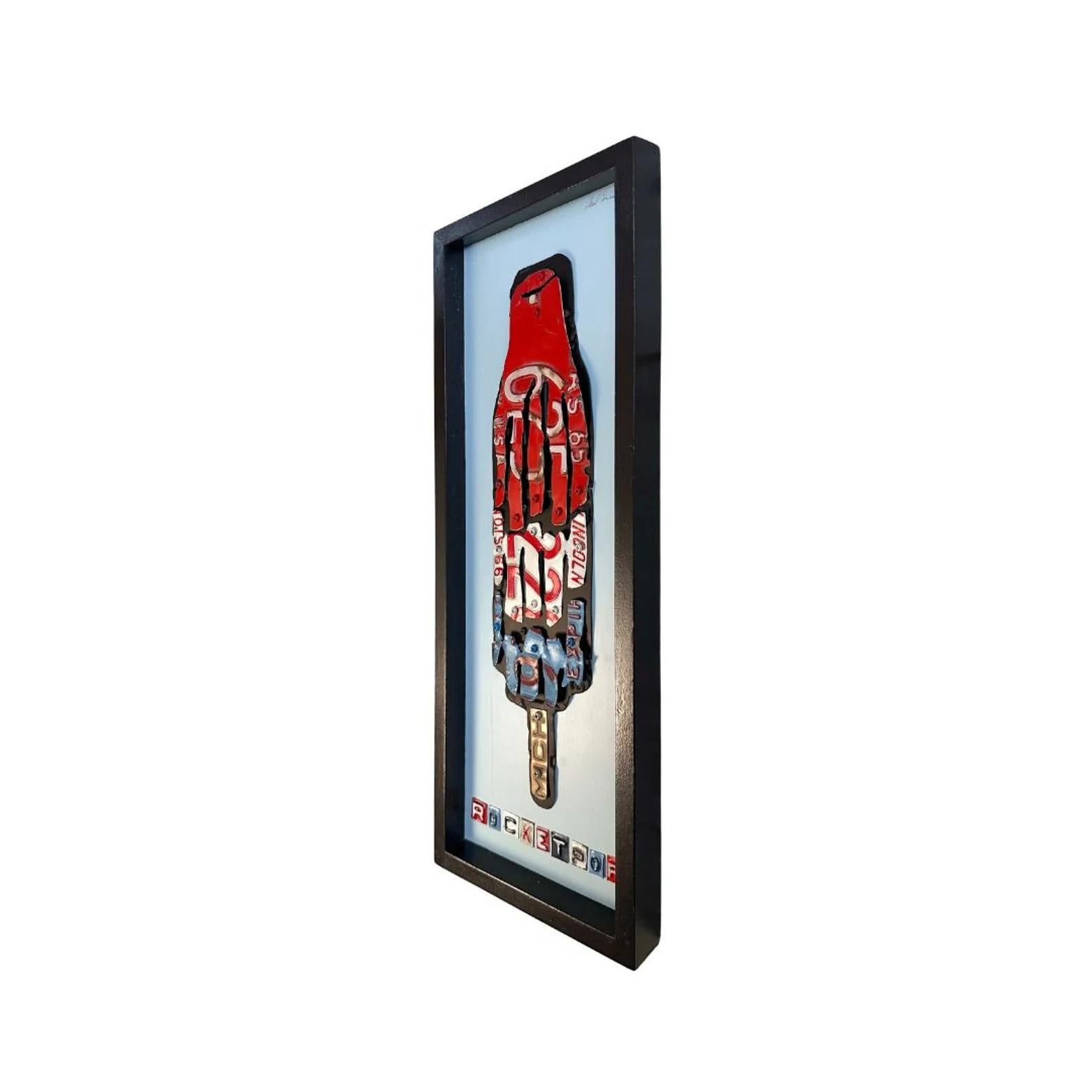 rtist Derek Christensen Original Nummernschild Popscicle Pop Art, Wandkunst signiert

Derek Christensen, ein preisgekrönter Künstler aus Chicago, ist bekannt für seine handgefertigten Metallarbeiten und Fundstücke, mit denen er diese