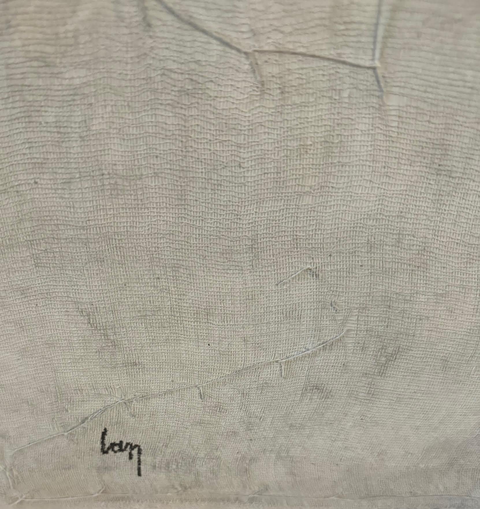 L'artista belga contemporanea Diane Petry crea la sua tela a tre strati utilizzando cotone pima, garza e carta fine.
I bordi grezzi e i fili applicati aggiungono consistenza e dimensione.
Tutte le opere d'arte possono essere commissionate per