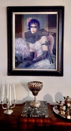 Artist E. Petit Art Deco Woman in Costume Mask European Vintage