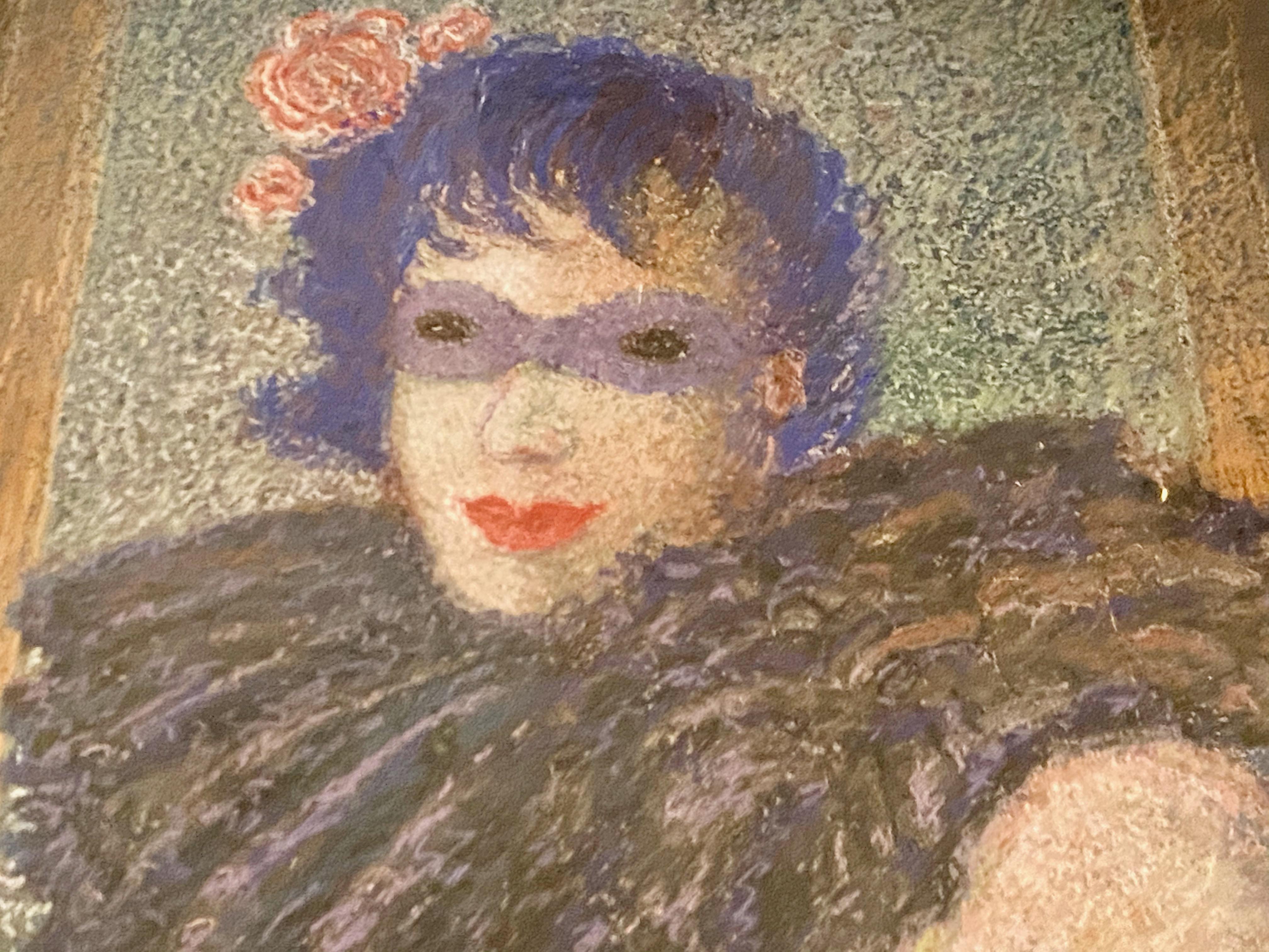 Belle Époque Artist E. Petit Art Deco Woman in Costume Mask European Vintage For Sale