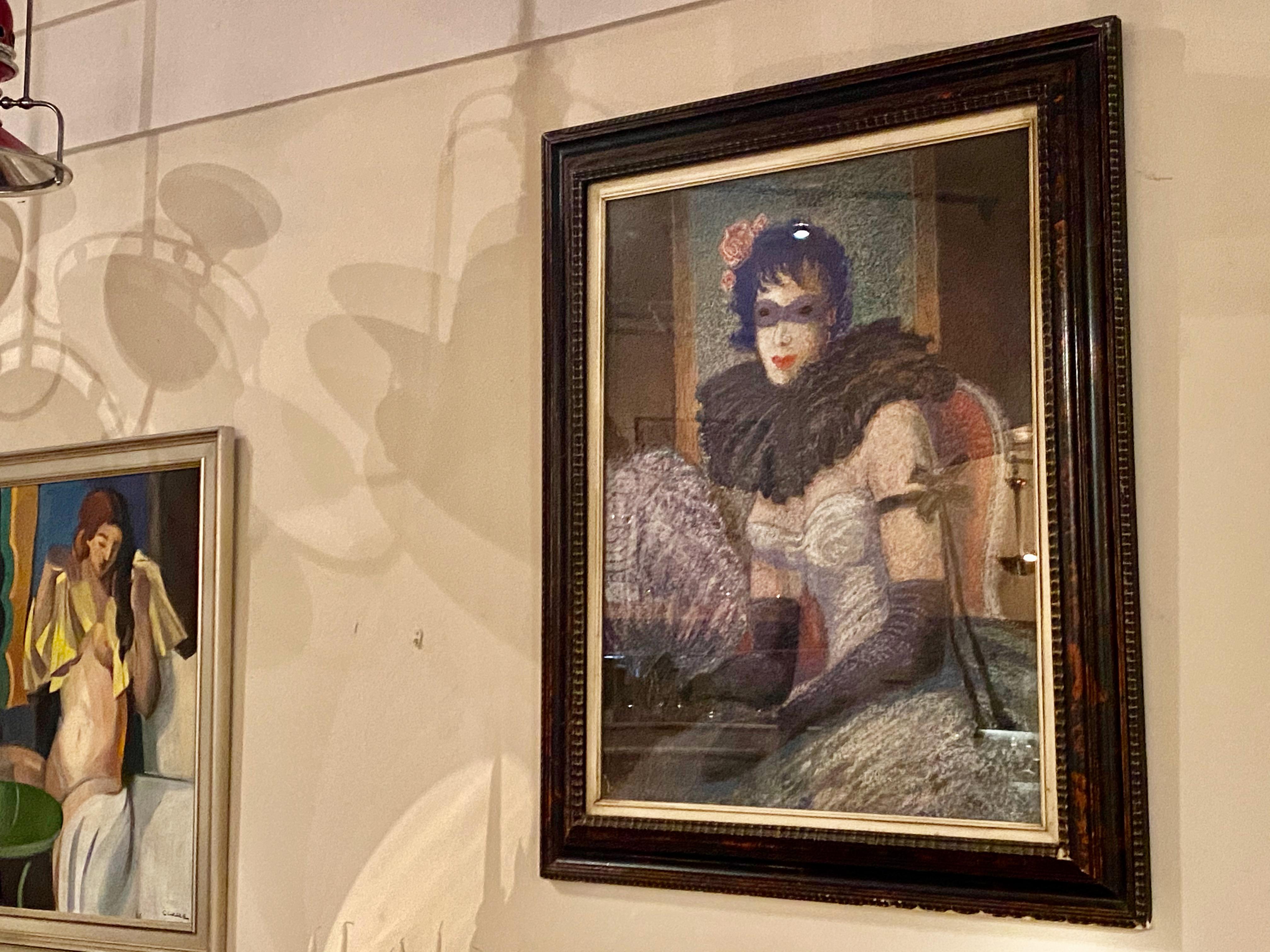 Artist E. Petit Art Deco Woman in Costume Mask European Vintage In Good Condition For Sale In Oakland, CA