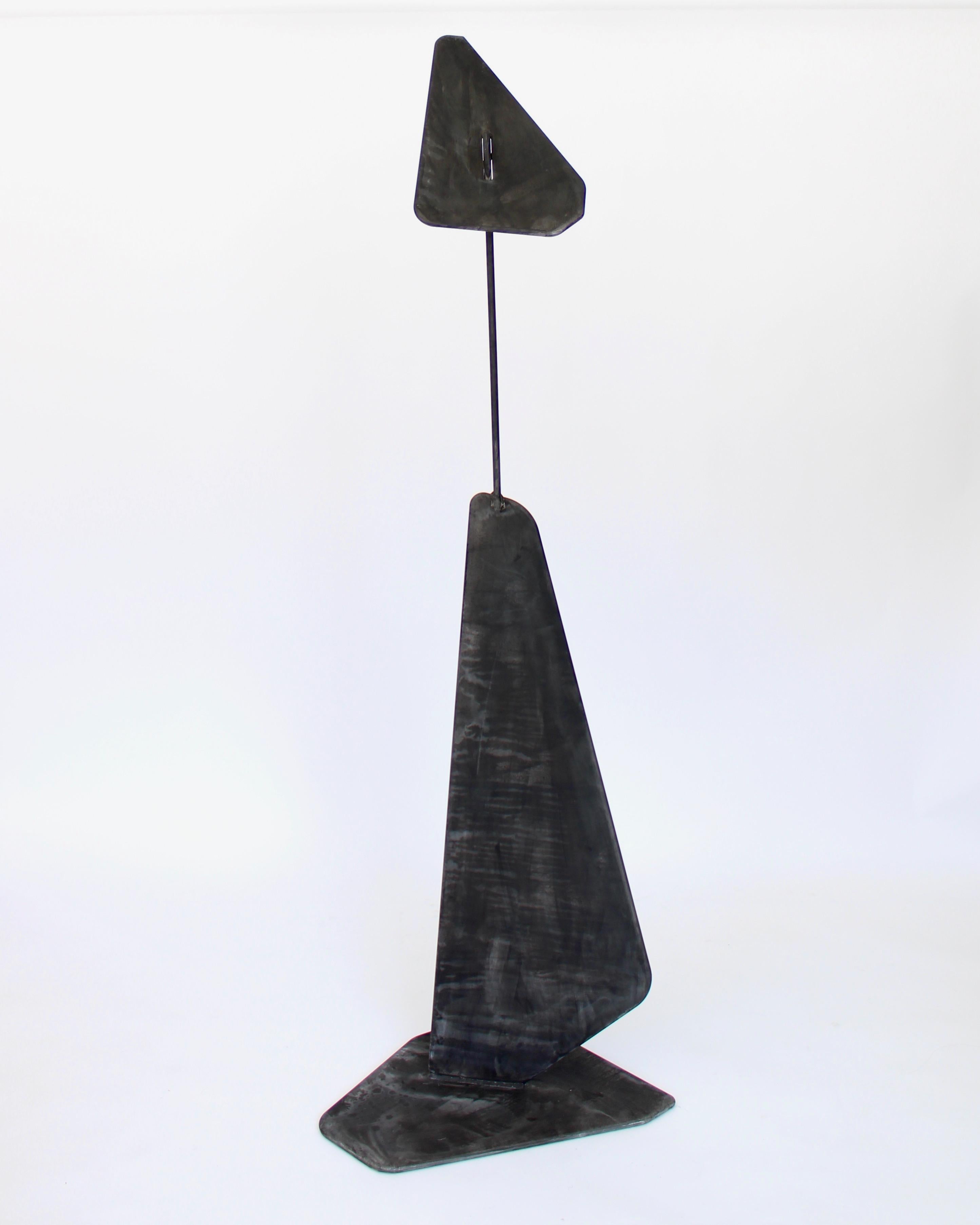 Artist Elliot Bergman patinated dark charcoal gray to black aluminum tall welded polygon sculpture. Composed of 4 faceted planes welded together to form a large standing sculpture which Bergman created in 2020 for Resonant Body exhibit at Shane
