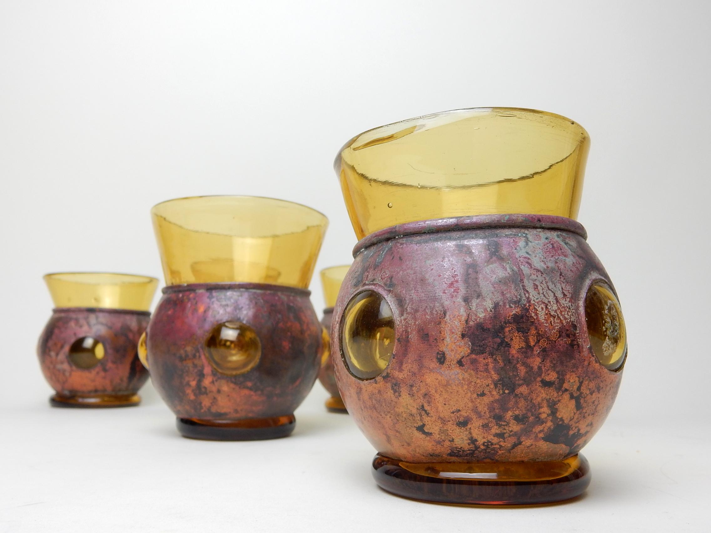 Mexican Artist Felipe Derflingher Designed Amber Glass and Copper Tumblers