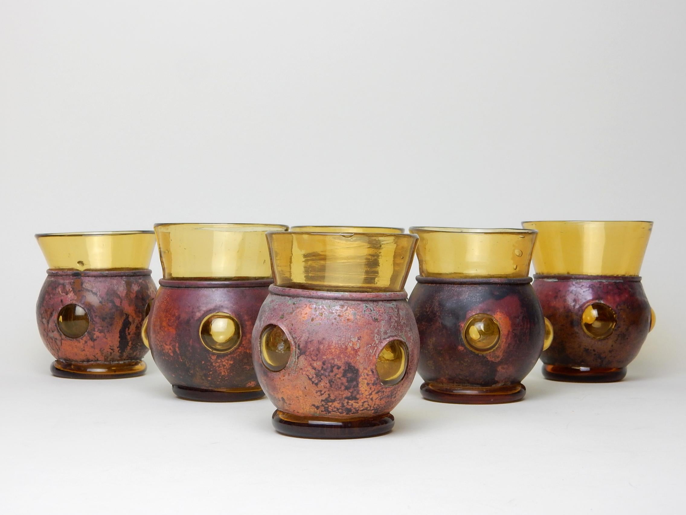20th Century Artist Felipe Derflingher Designed Amber Glass and Copper Tumblers