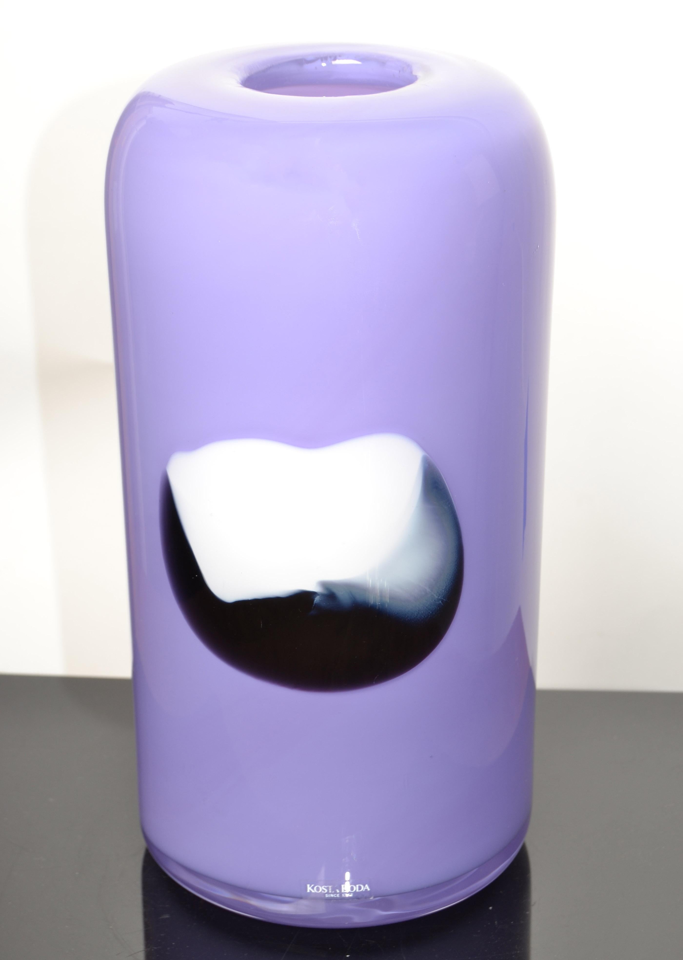 Artist Gunnel Sahlin Kosta Boda Sweden Purple Black White Cylinder Glass Vase For Sale 5