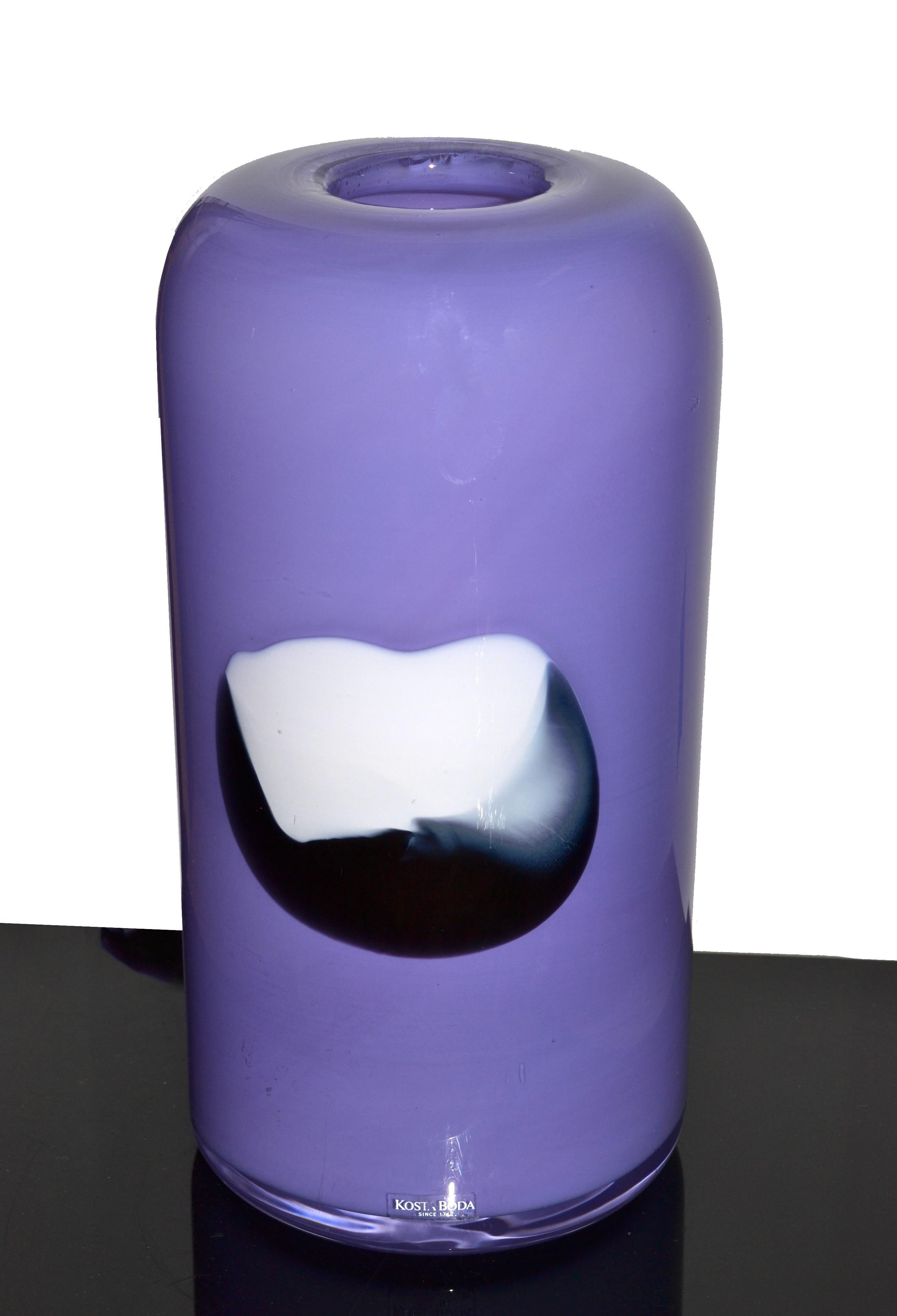 Mid-Century Modern Artist Gunnel Sahlin Kosta Boda Sweden Purple Black White Cylinder Glass Vase For Sale