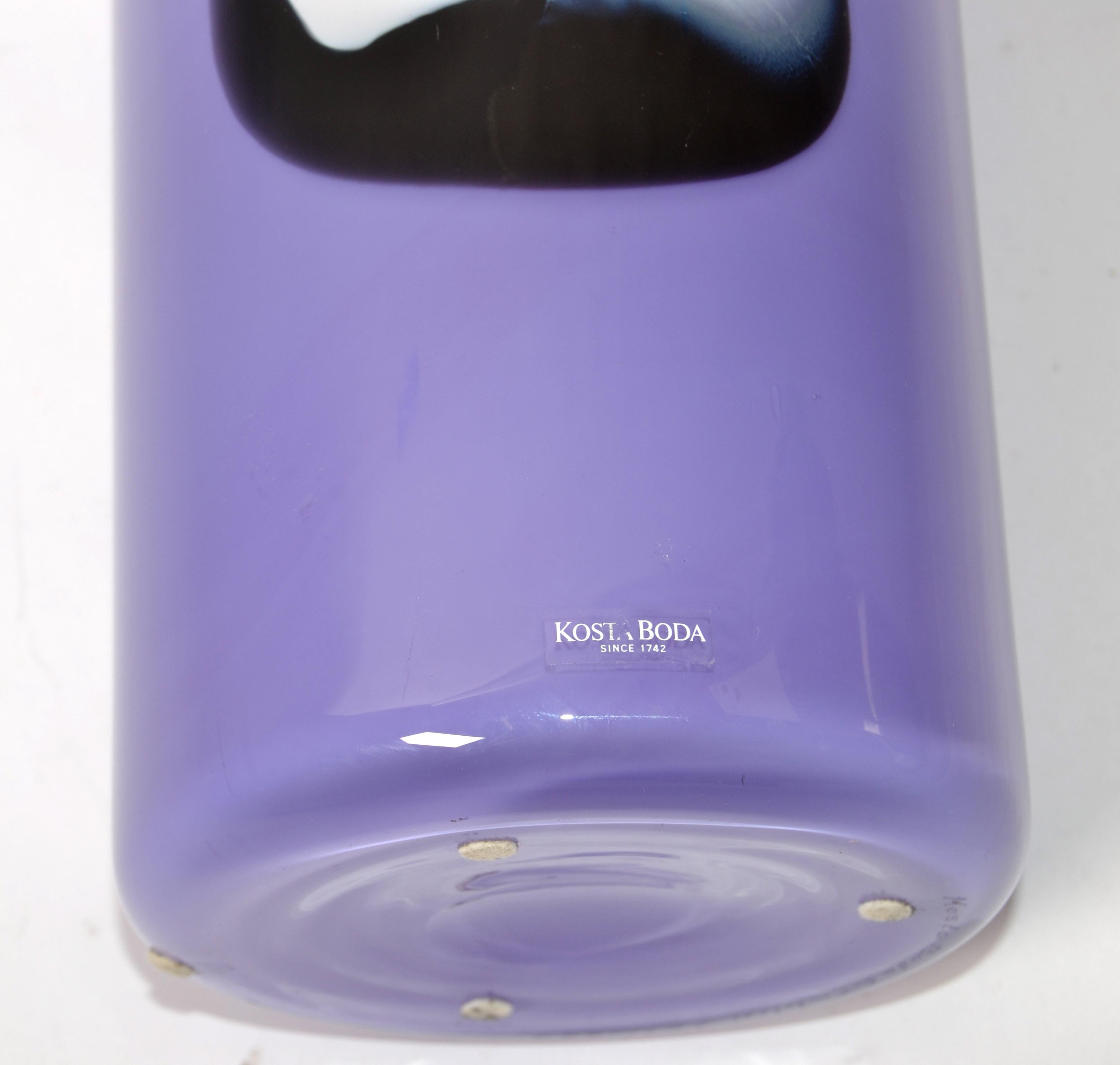 Artist Gunnel Sahlin Kosta Boda Sweden Purple Black White Cylinder Glass Vase For Sale 1