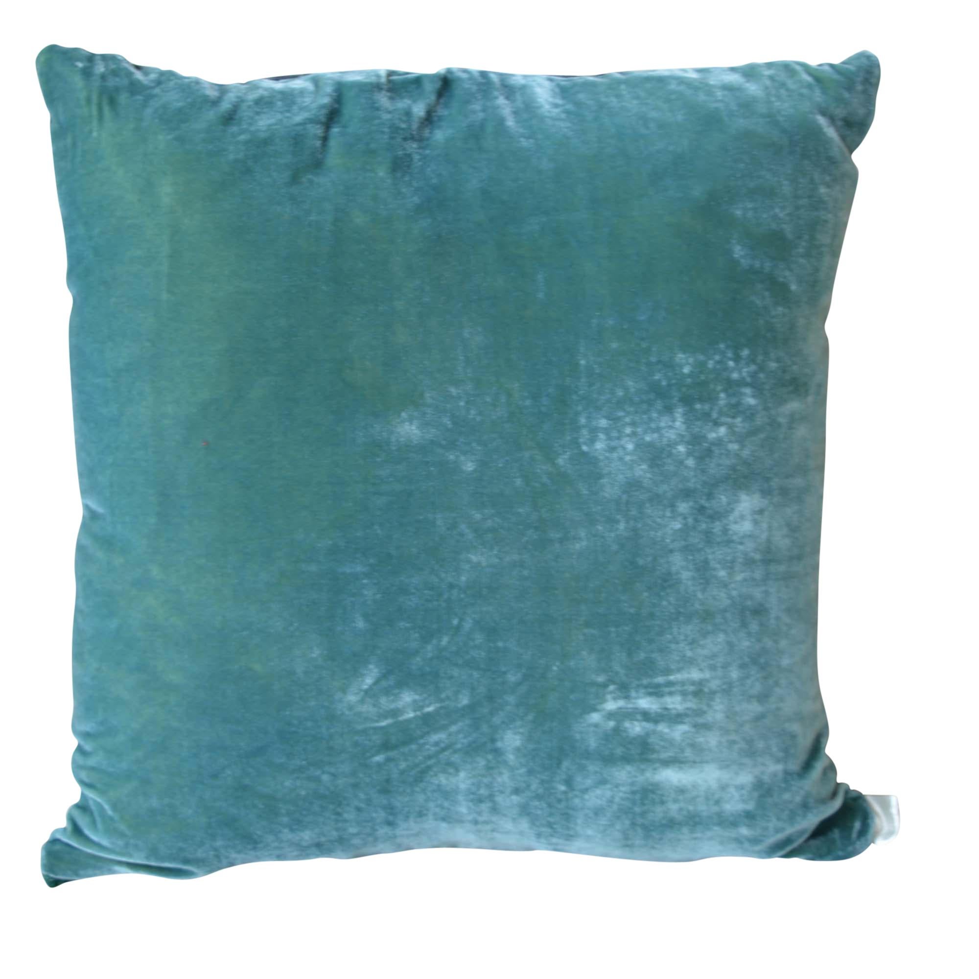 Artisan hand-dyed velvet pillow has a teal Front Design with a coordinating solid back. The new take on the classic grape design was inspired by the artist's walking amongst the vines in the Bordeaux region on holiday. The inserts are filled with