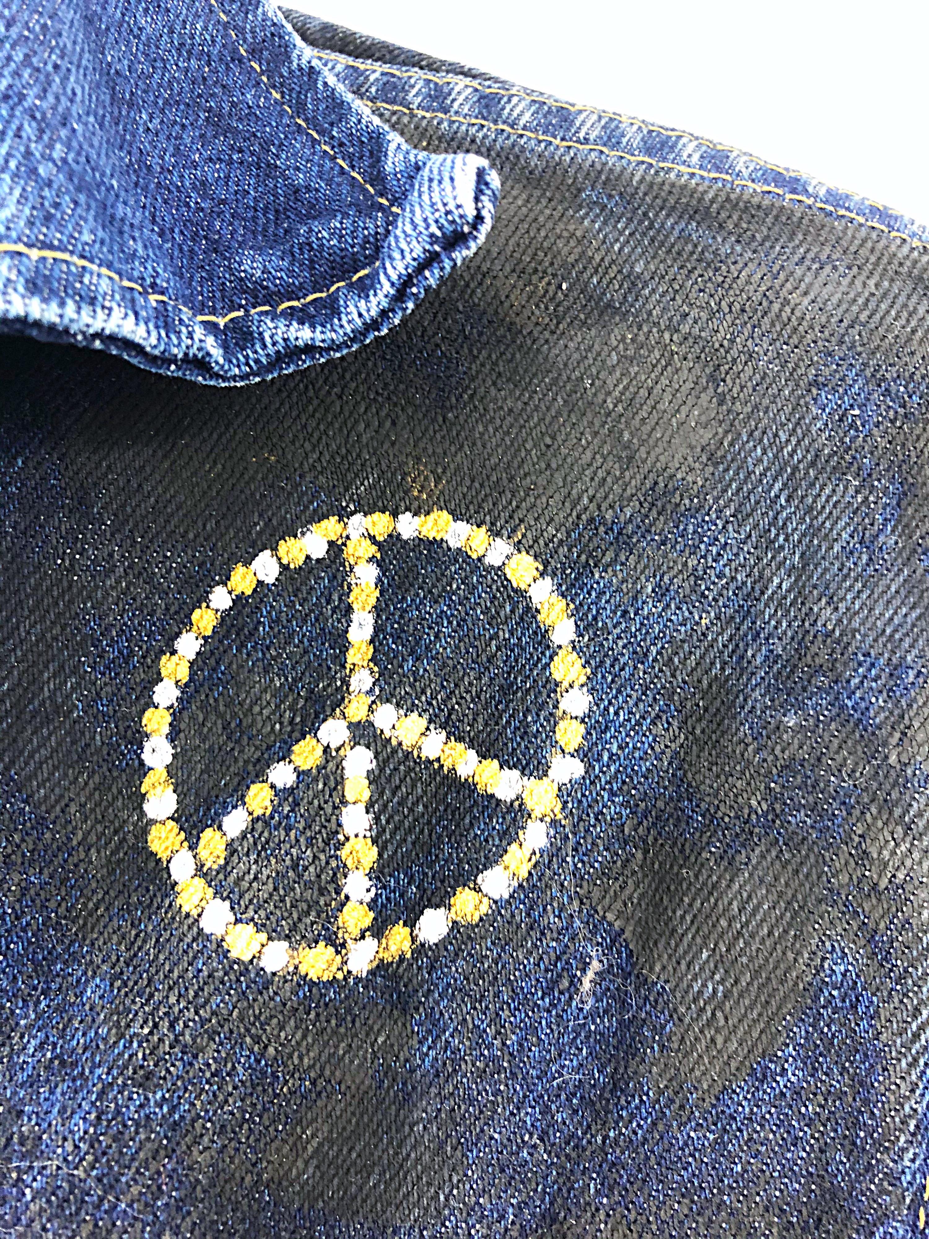 Artist Hand Painted Peace and Love Gold Black OOAK Blue Jean Denim 70s Jacket 2