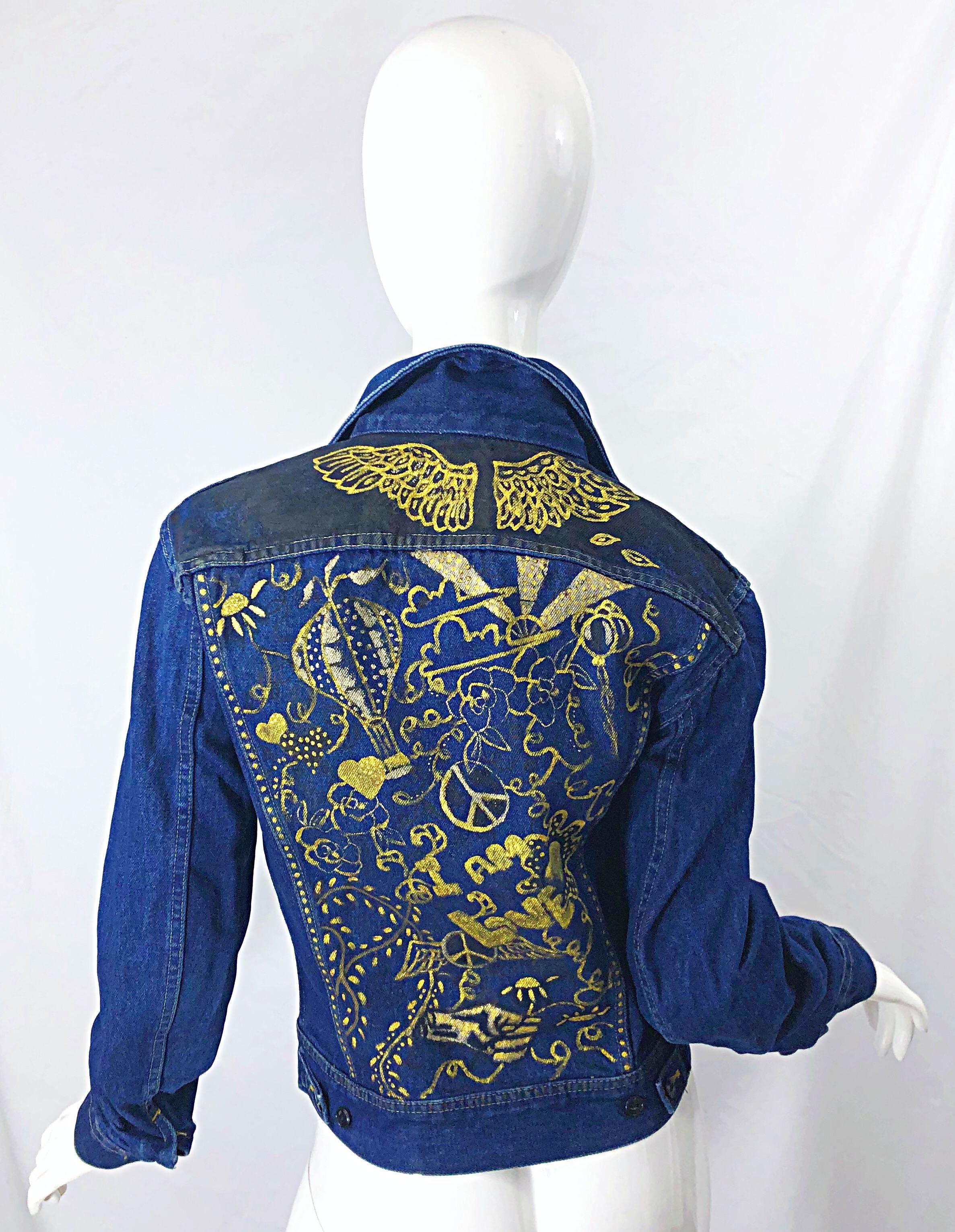 Artist Hand Painted Peace and Love Gold Black OOAK Blue Jean Denim 70s Jacket 5