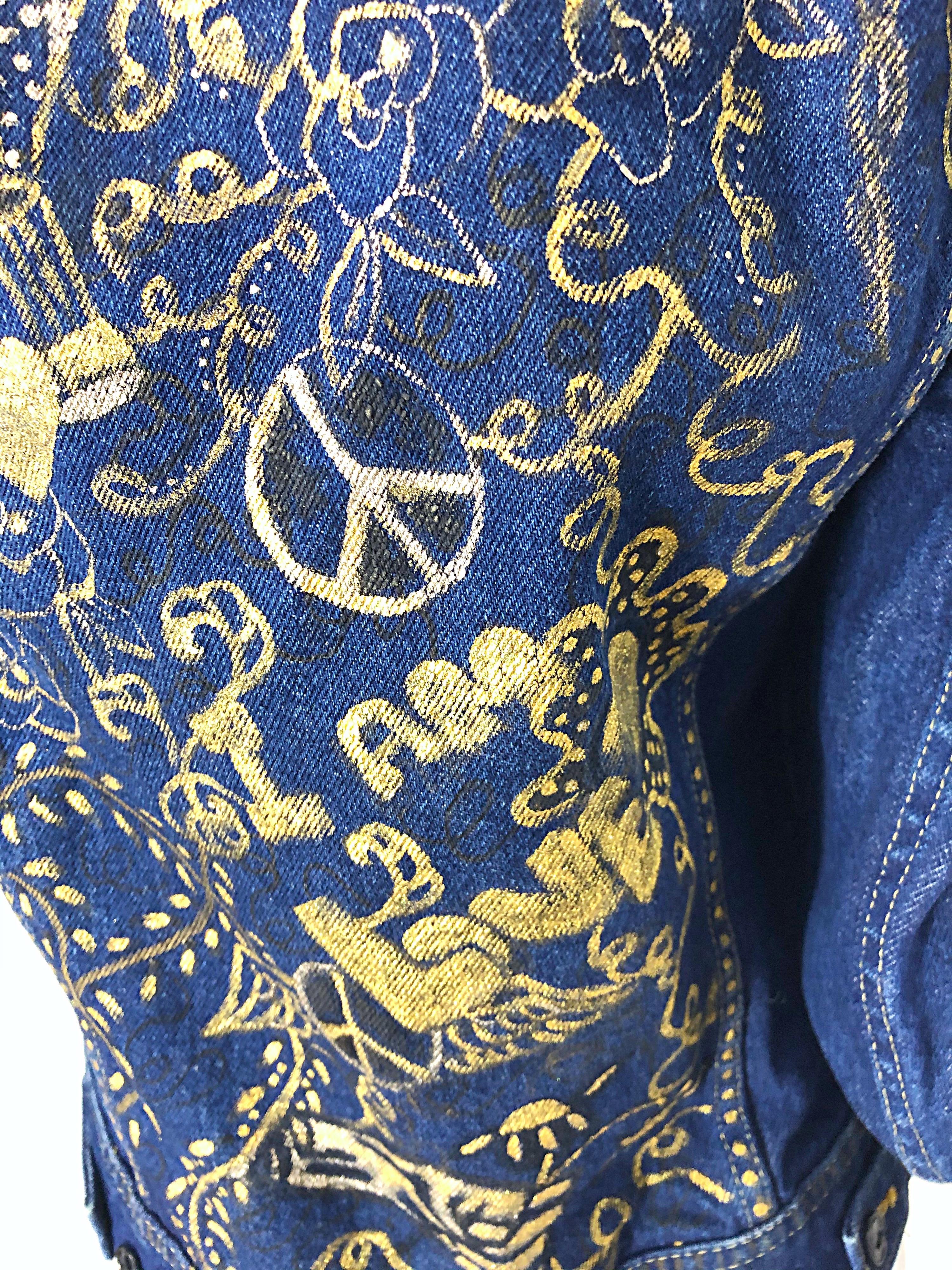 Artist Hand Painted Peace and Love Gold Black OOAK Blue Jean Denim 70s Jacket 7