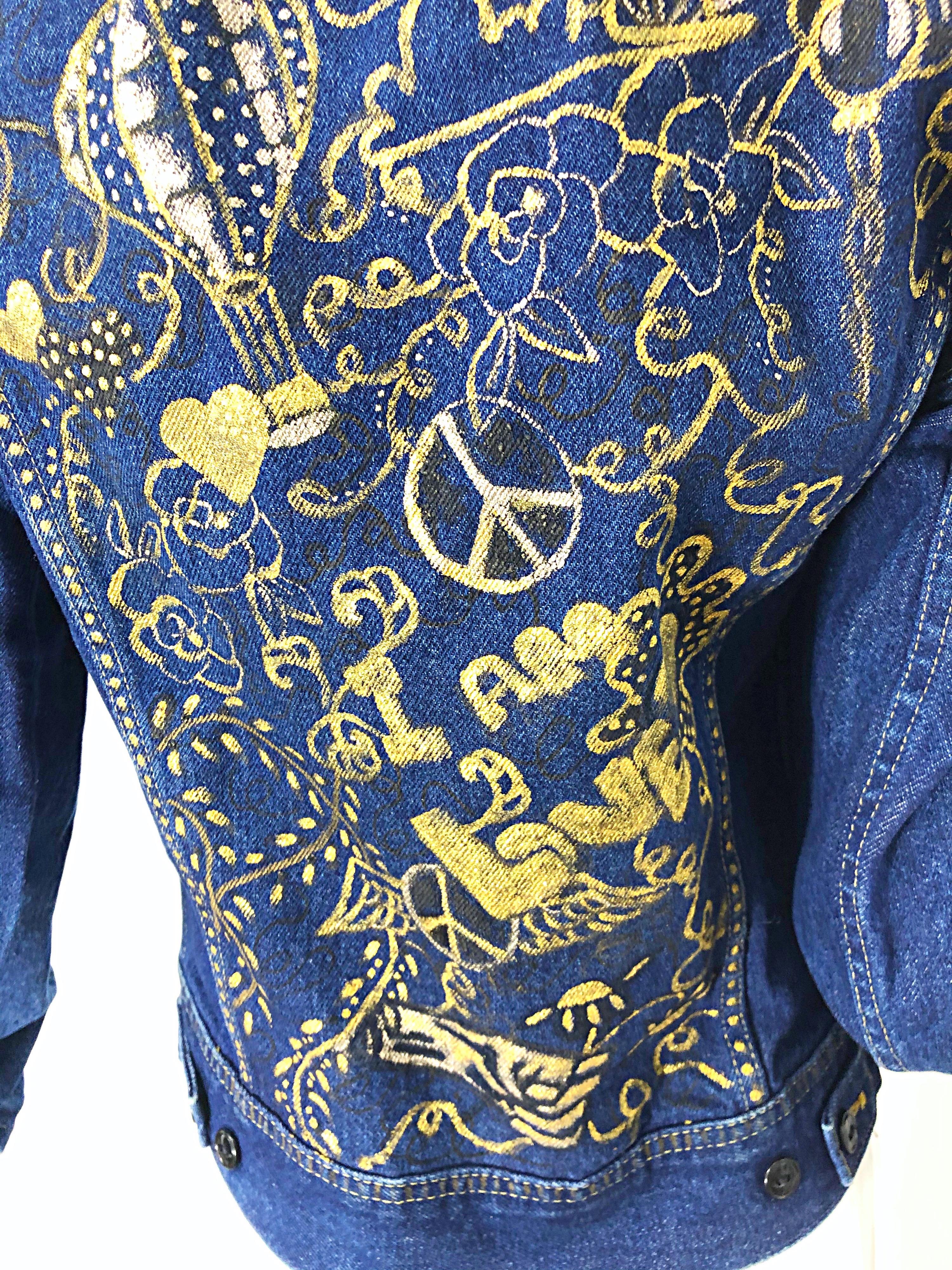 Artist Hand Painted Peace and Love Gold Black OOAK Blue Jean Denim 70s Jacket 8