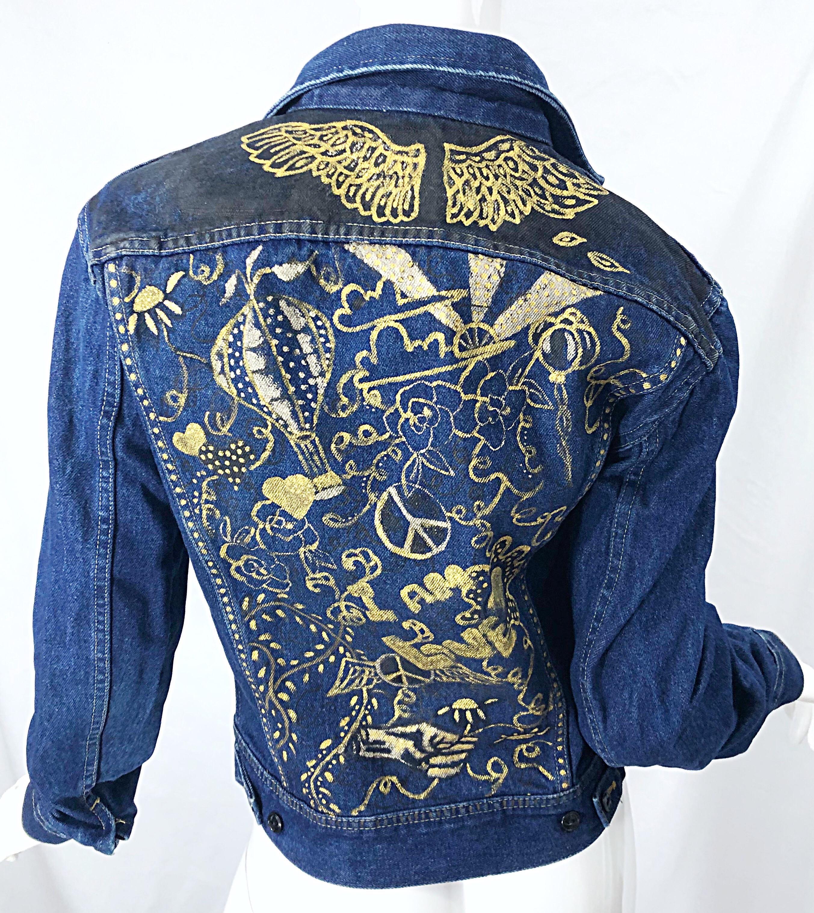 Artist Hand Painted Peace and Love Gold Black OOAK Blue Jean Denim 70s Jacket 11