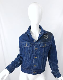 Artist Hand Painted Peace and Love Gold Black OOAK Blue Jean Denim 70s Jacket