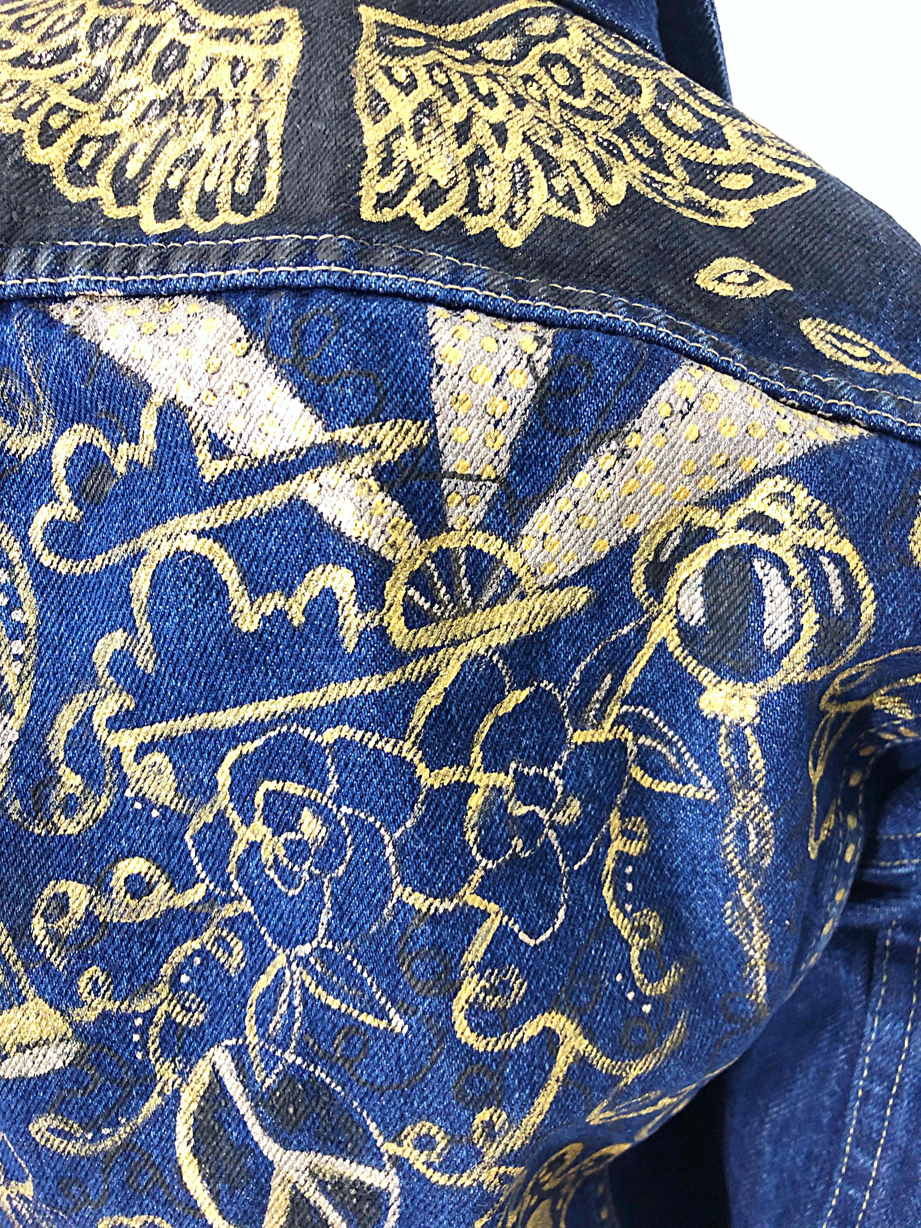 Purple Artist Hand Painted Peace and Love Gold Black OOAK Blue Jean Denim 70s Jacket