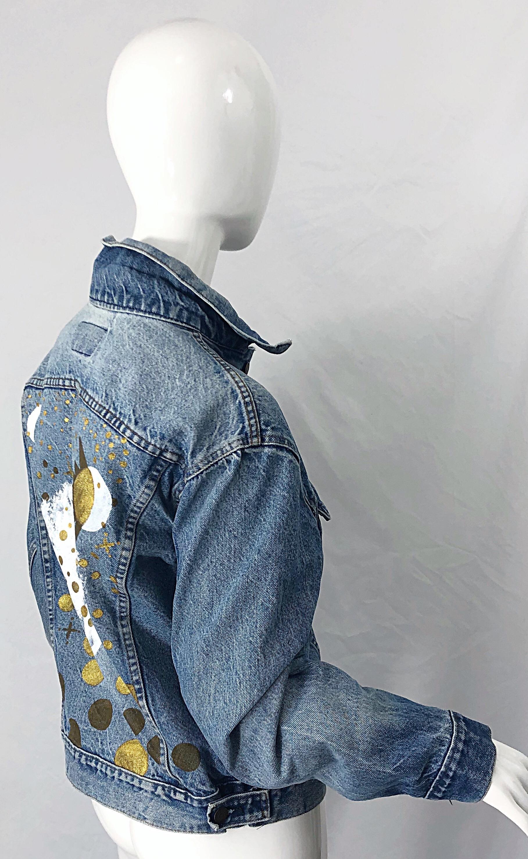 Artist Hand Painted Unisex City of Angels Gold White Vintage Denim Jean Jacket For Sale 3