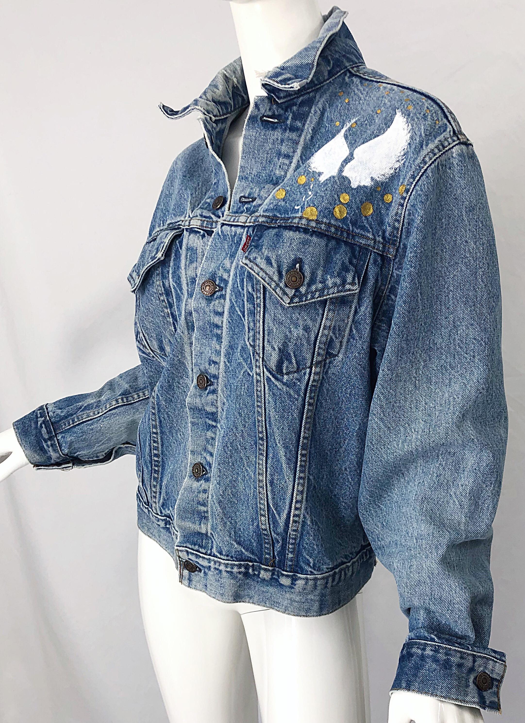 Artist Hand Painted Unisex City of Angels Gold White Vintage Denim Jean Jacket For Sale 4