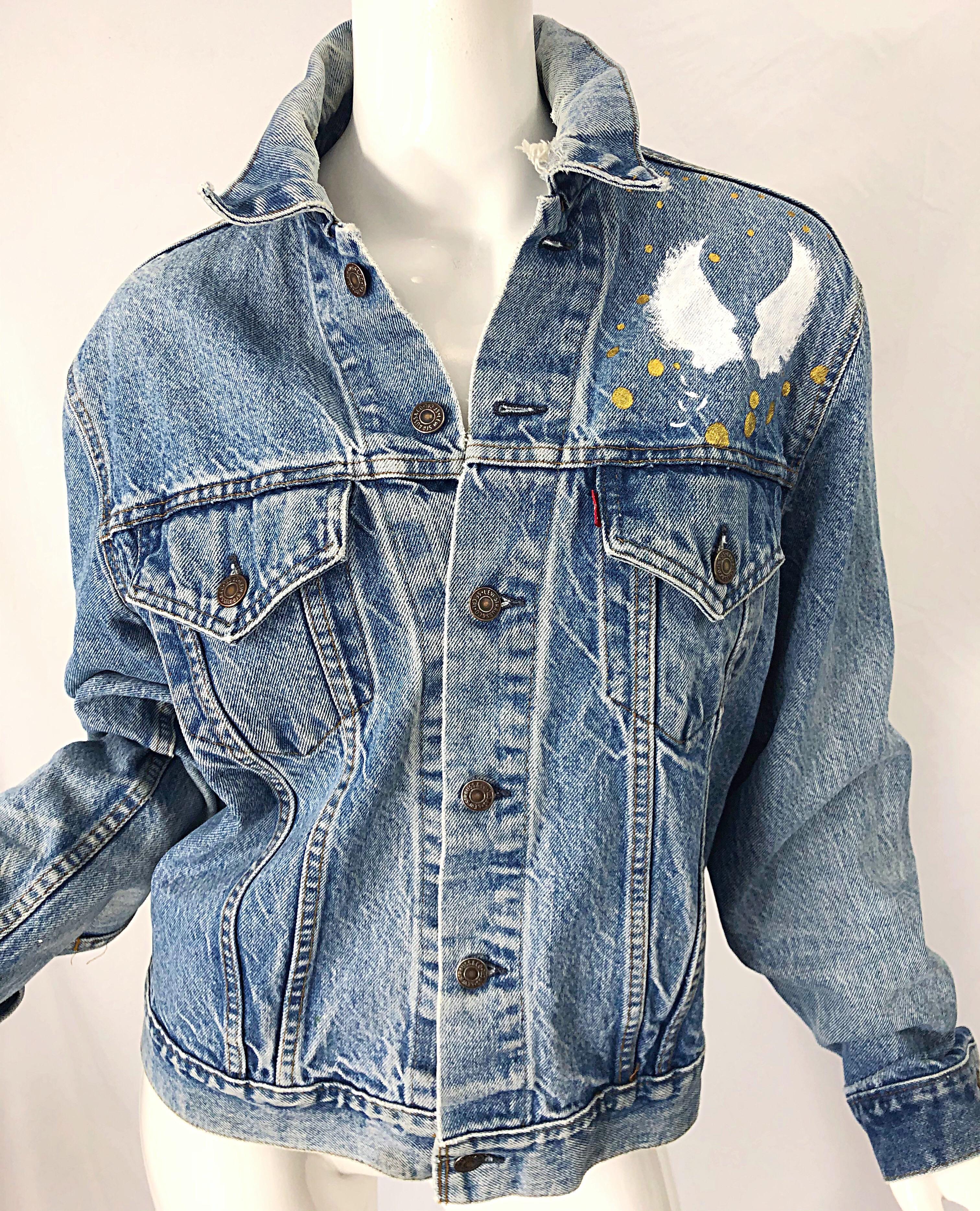 Artist Hand Painted Unisex City of Angels Gold White Vintage Denim Jean Jacket For Sale 5