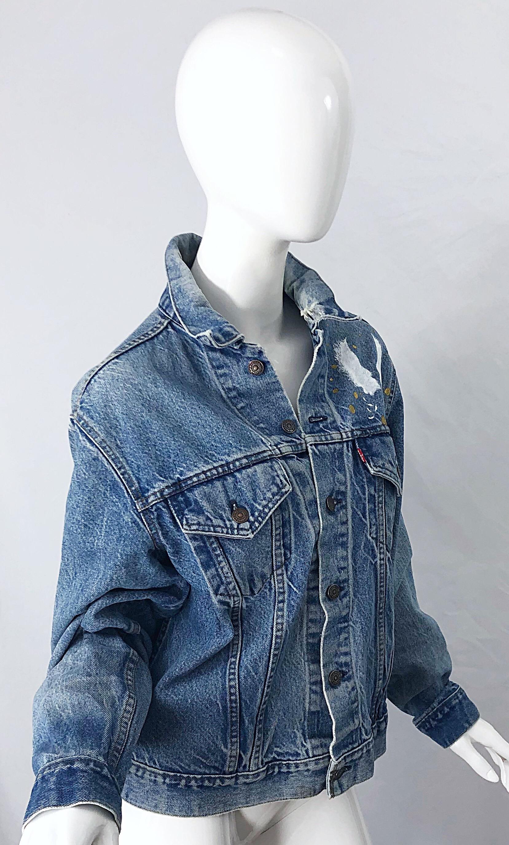 Künstler handbemalte Unisex City of Angels Goldweiße Vintage Denim Jeansjacke im Angebot 8