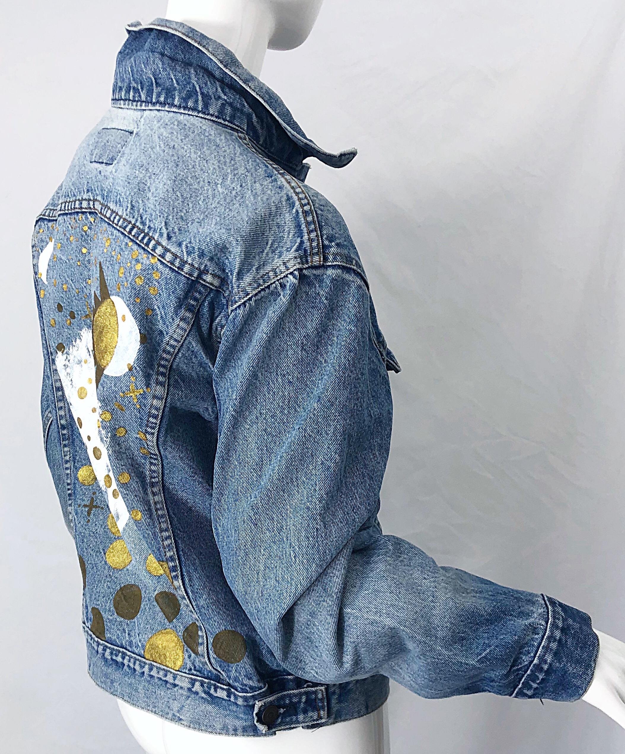 Artist Hand Painted Unisex City of Angels Gold White Vintage Denim Jean Jacket For Sale 7