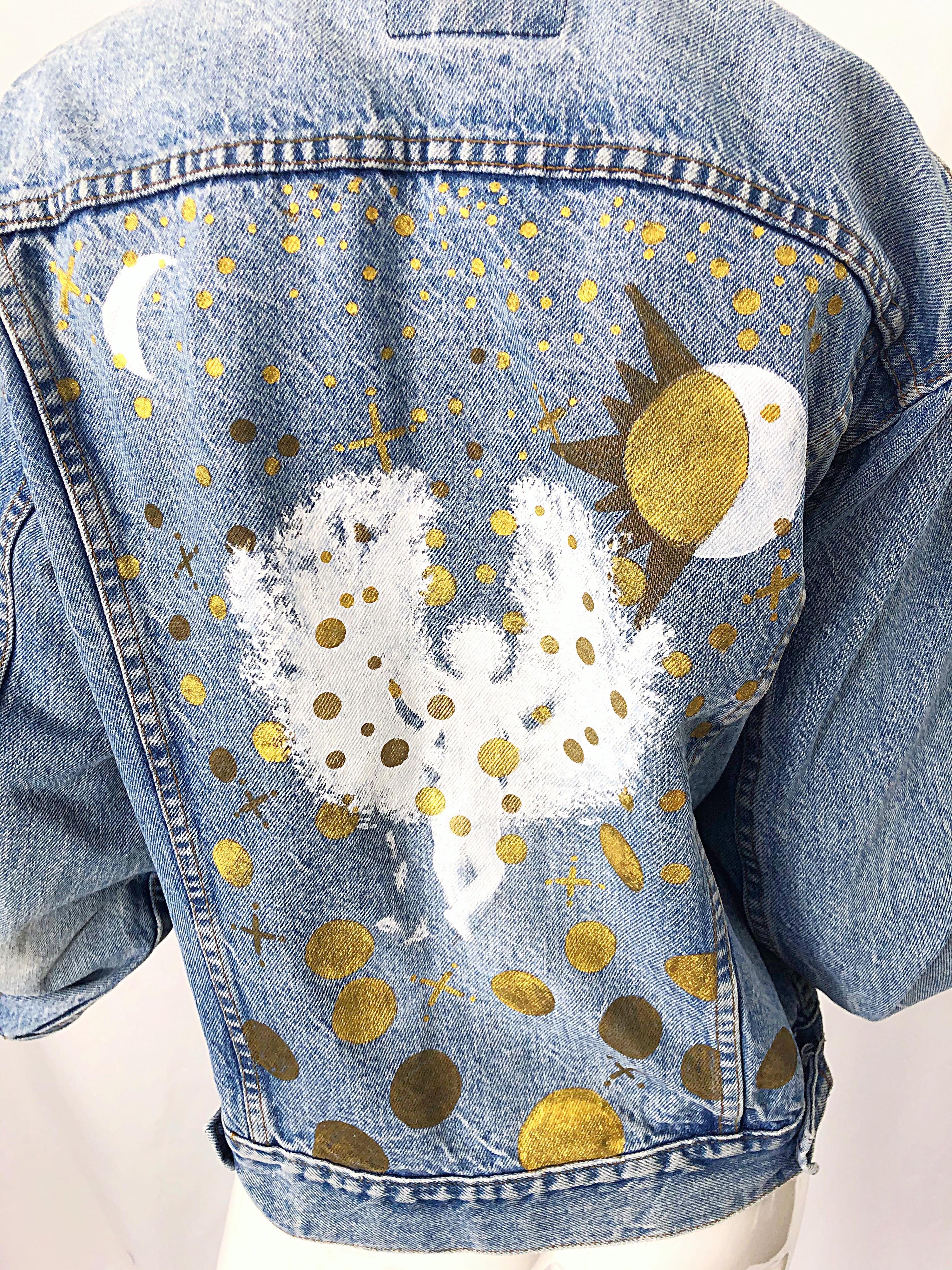 Artist Hand Painted Unisex City of Angels Gold White Vintage Denim Jean Jacket For Sale 8