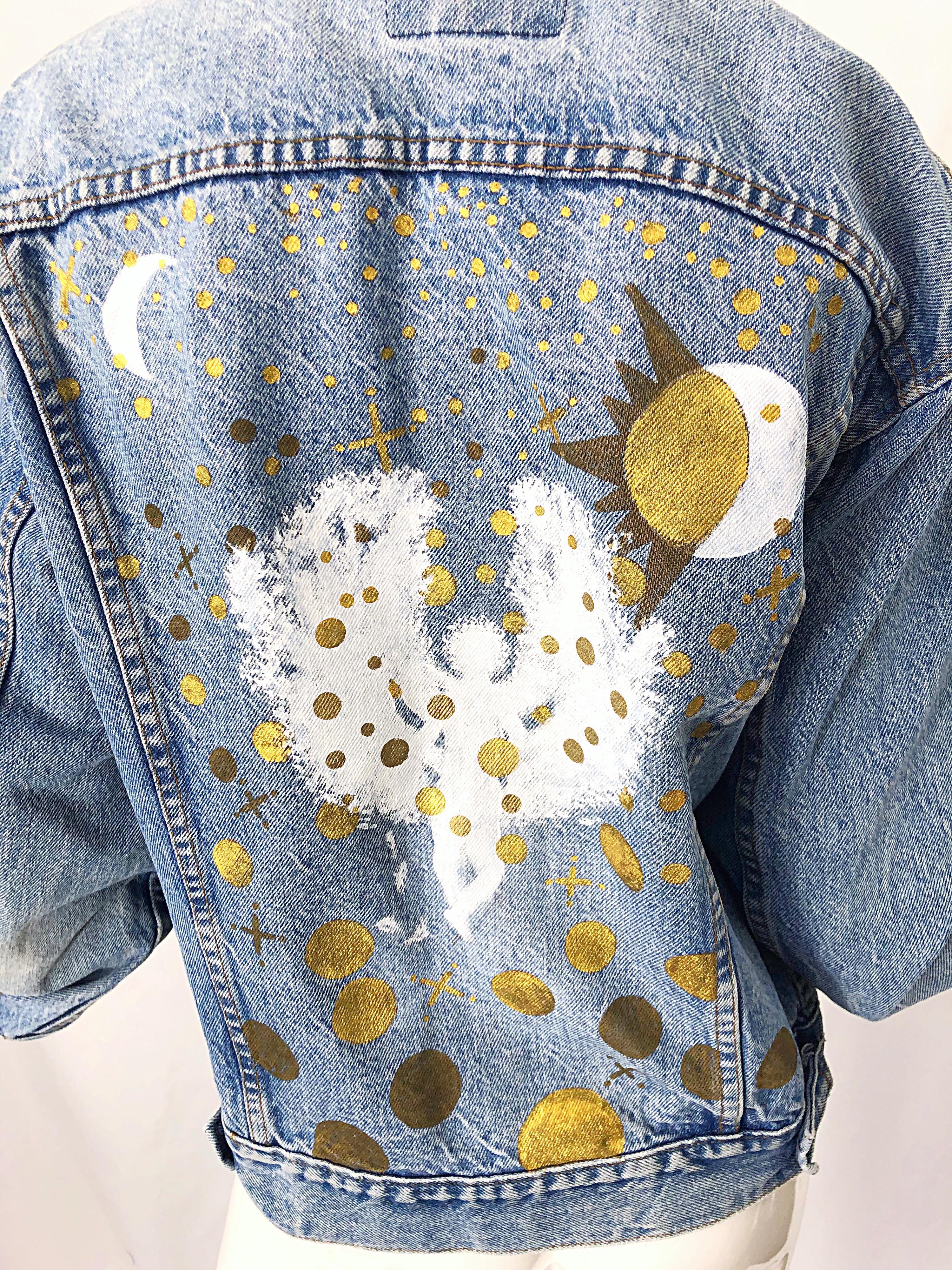 Künstler handbemalte Unisex City of Angels Goldweiße Vintage Denim Jeansjacke im Angebot 10