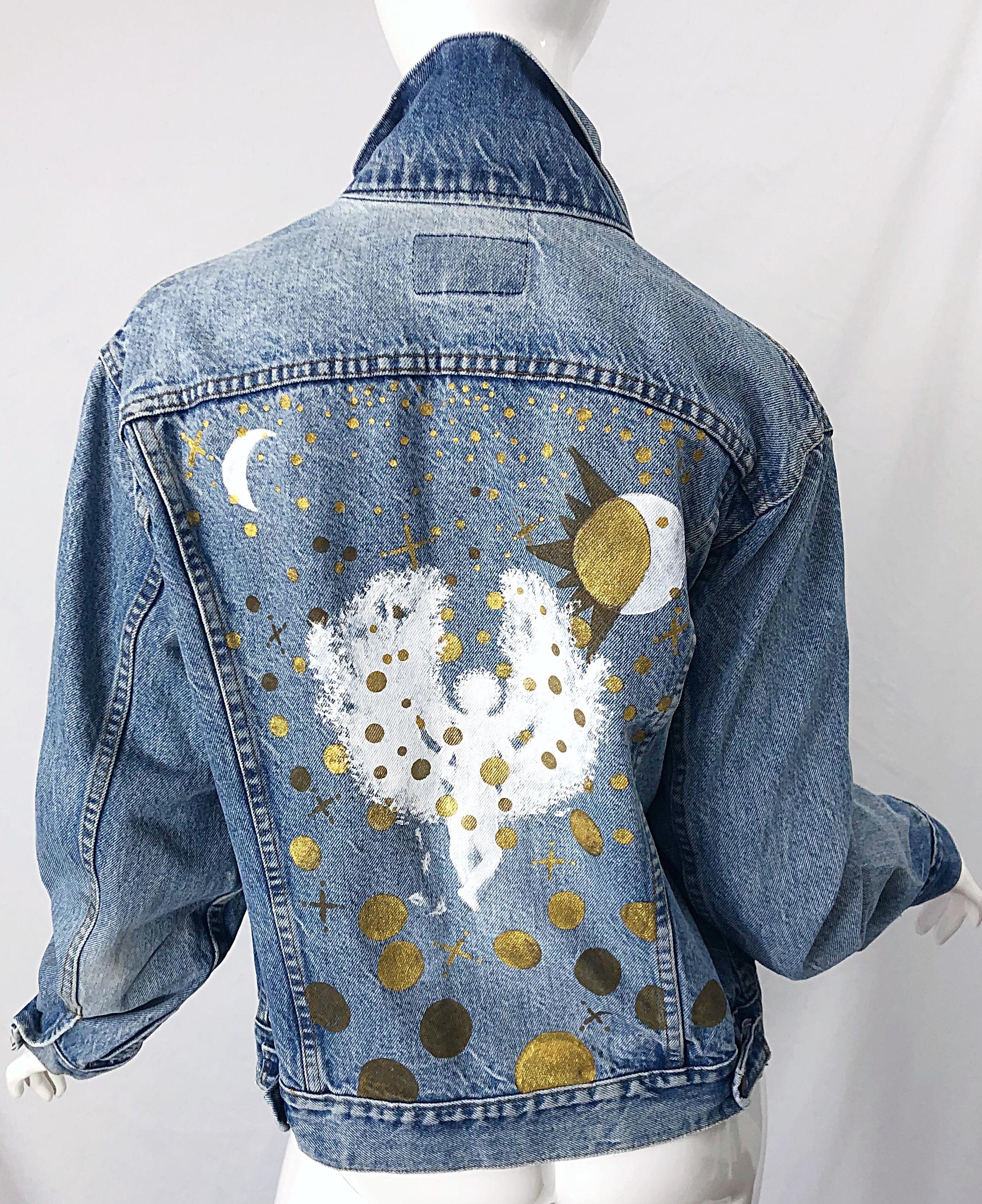 Artist Hand Painted Unisex City of Angels Gold White Vintage Denim Jean Jacket For Sale 9