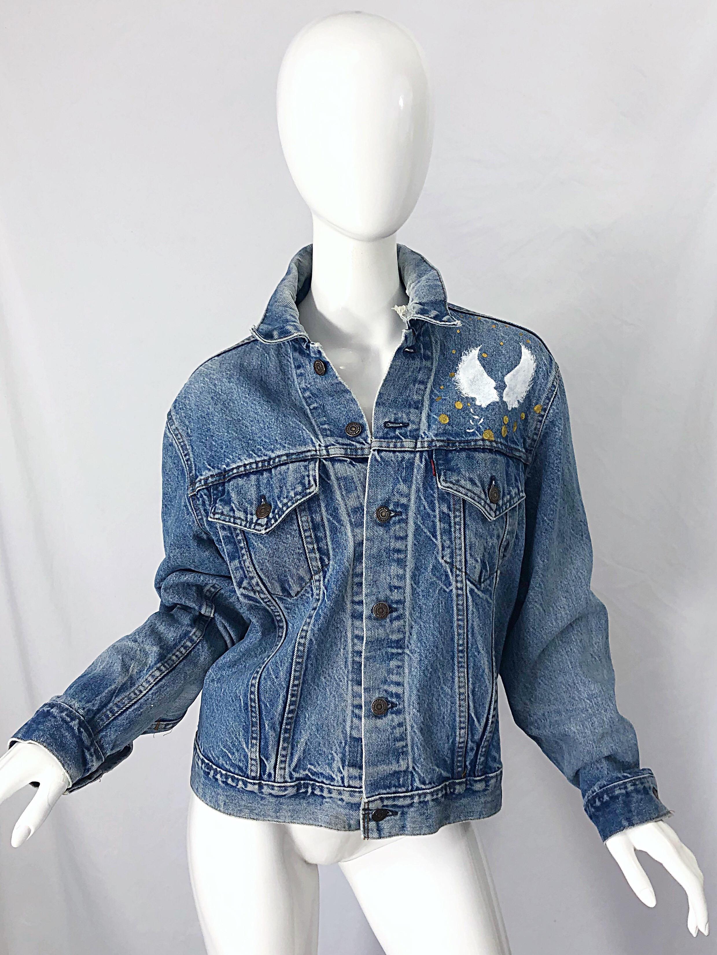 Artist Hand Painted Unisex City of Angels Gold White Vintage Denim Jean Jacket For Sale 10