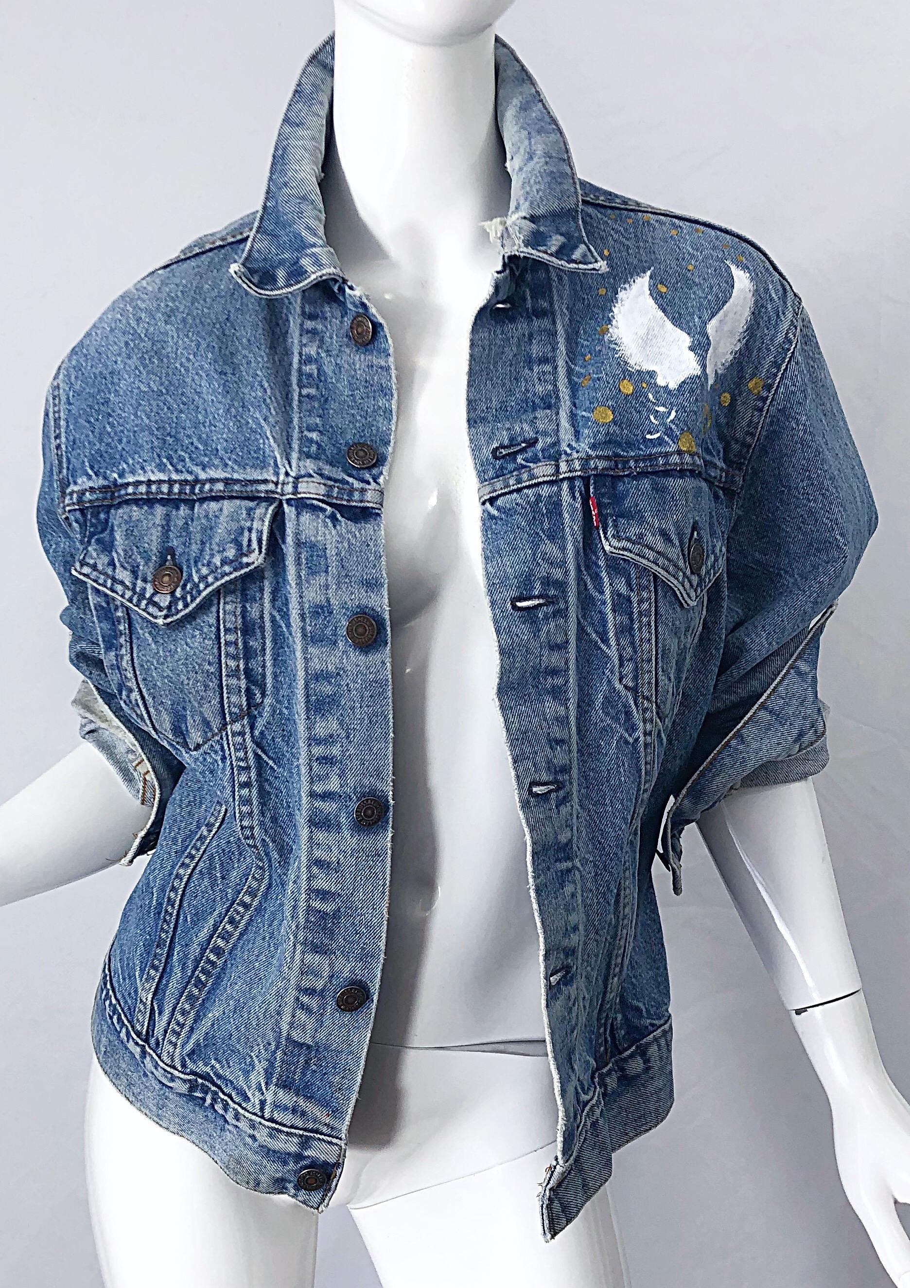 Artist Hand Painted Unisex City of Angels Gold White Vintage Denim Jean Jacket For Sale 11