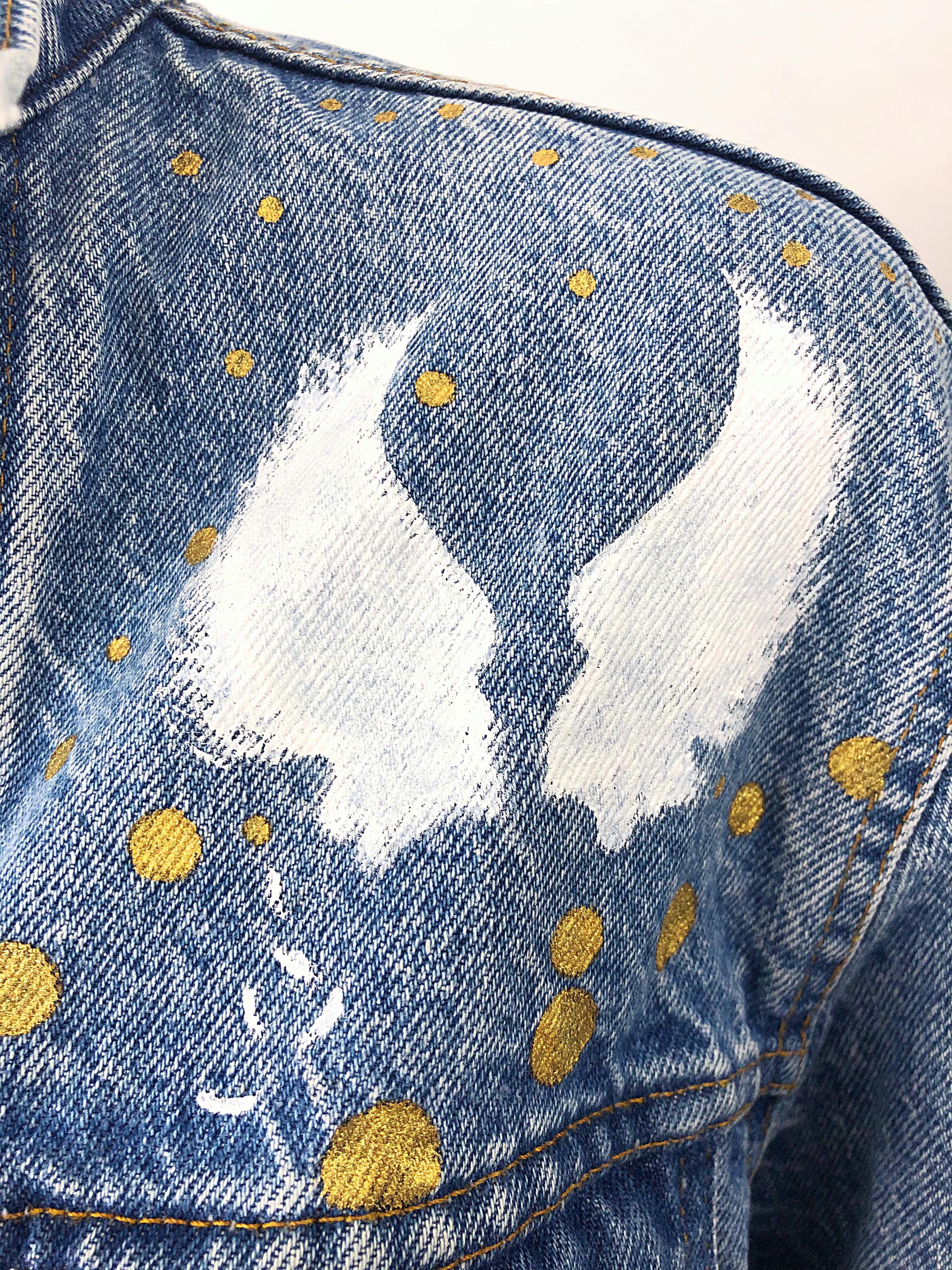 Grigio Giacca vintage in denim dell'artista dipinta a mano unisex City of Angels oro e bianco in vendita