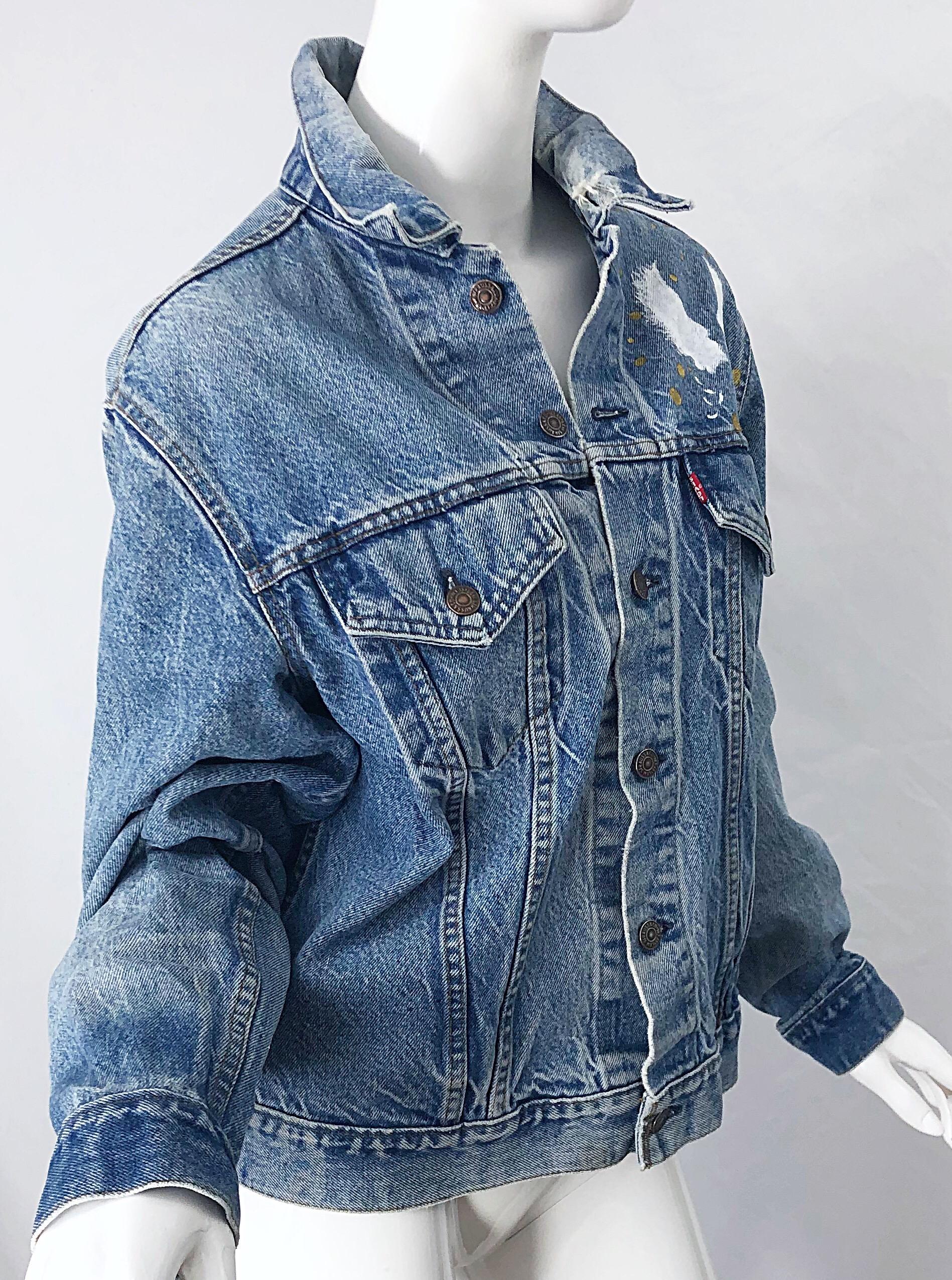 Künstler handbemalte Unisex City of Angels Goldweiße Vintage Denim Jeansjacke im Angebot 4