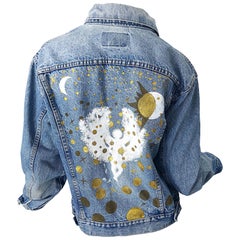 Künstler handbemalte Unisex City of Angels Goldweiße Vintage Denim Jeansjacke